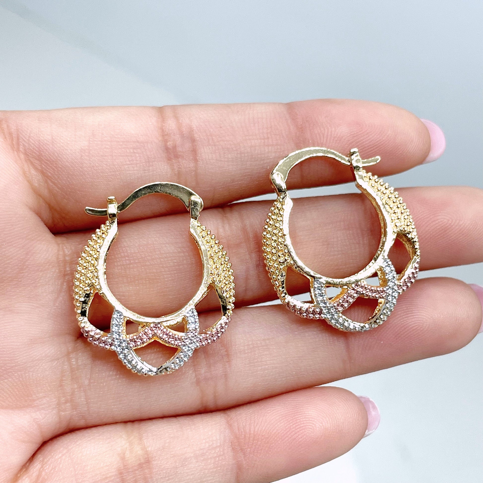 18k Gold Filled Tree Tone, Thee Color 22mm Basket Design Hoop Earrings, 6mm Thickness, Wholesale Jewelry Making Supplies