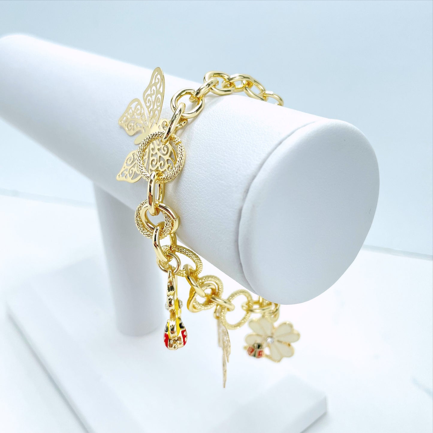 18k Gold Filled Colored Enamel Flowers and Ladybugs Charms, CZ & Butterflies in Texturized Link Bracelet, Wholesale Jewelry Making Supplies