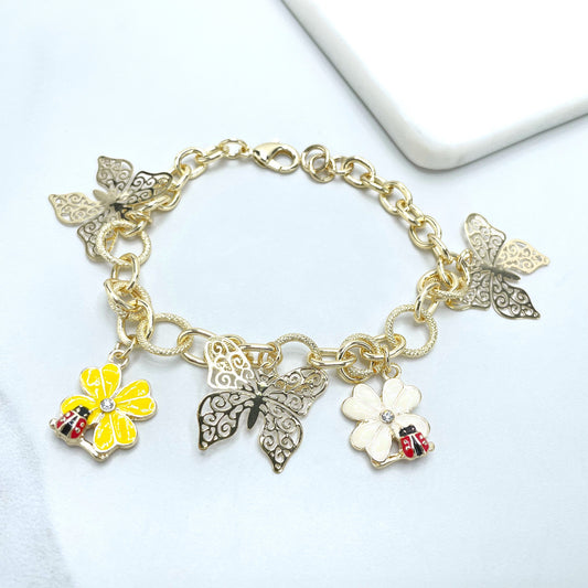 18k Gold Filled Colored Enamel Flowers and Ladybugs Charms, CZ & Butterflies in Texturized Link Bracelet, Wholesale Jewelry Making Supplies