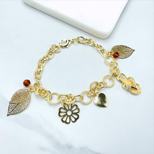 18k Gold Filled Leaves, Flower, Heart, Flip Flop With CZ and Beads in Texturized Link Bracelet, Wholesale Jewelry Making Supplies