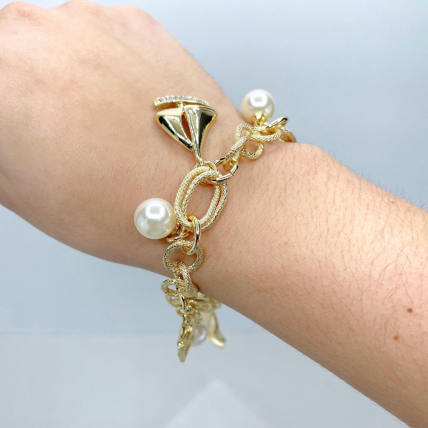 18k Gold Filled Cubic Zirconia Lock, Sail Boat and Simulated Pearls Charms in Texturized Link Bracelet, Wholesale Jewelry Making Supplies