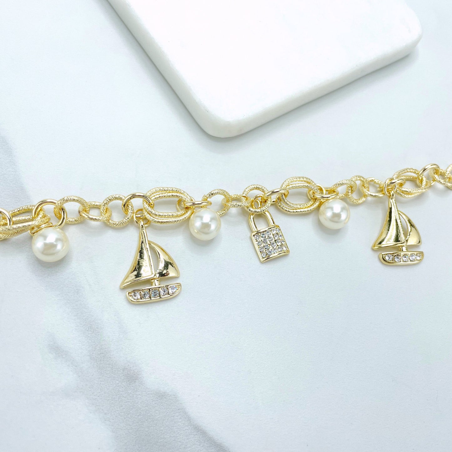 18k Gold Filled Cubic Zirconia Lock, Sail Boat and Simulated Pearls Charms in Texturized Link Bracelet, Wholesale Jewelry Making Supplies