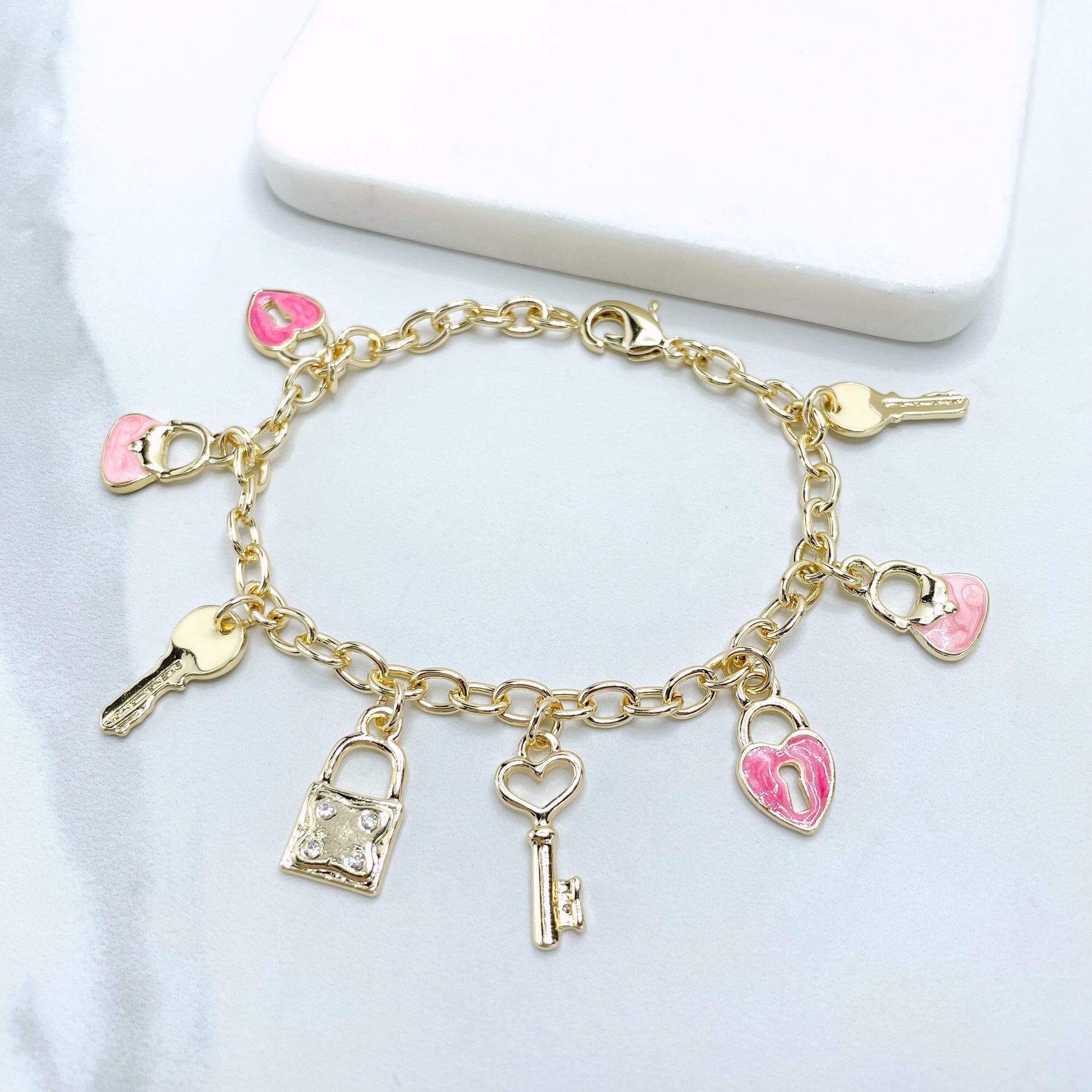 18k Gold Filled Pink Enamel with CZ details, Locks, Keys and Bags Charms in 5mm Oval Link Bracelet, Wholesale Jewelry Making Supplies