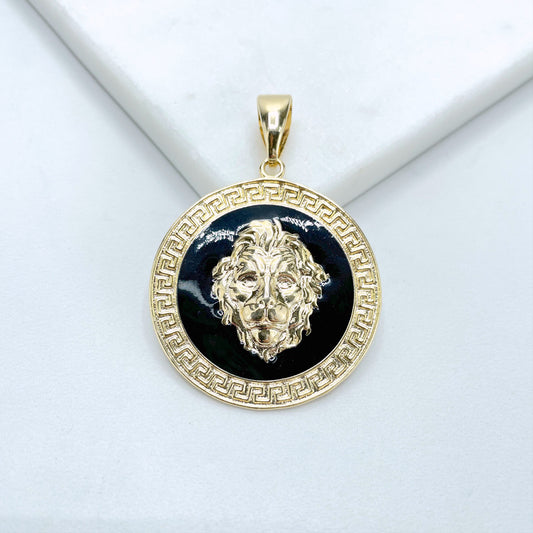 18k Gold Filled with Black Enamel Royal Lion Face Circle Medal, Lion Head Medallion, Charm Pendant, Wholesale Jewelry Making Supplies