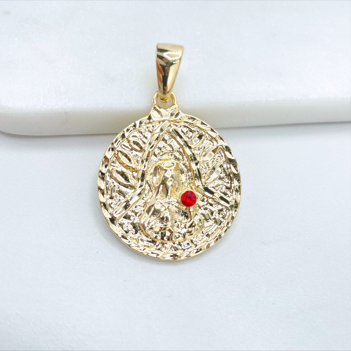 18k Gold Filled Santa Barbara with Red or Pink Cubic Zirconia, Texturized Charm Pendant, Wholesale Jewelry Making Supplies