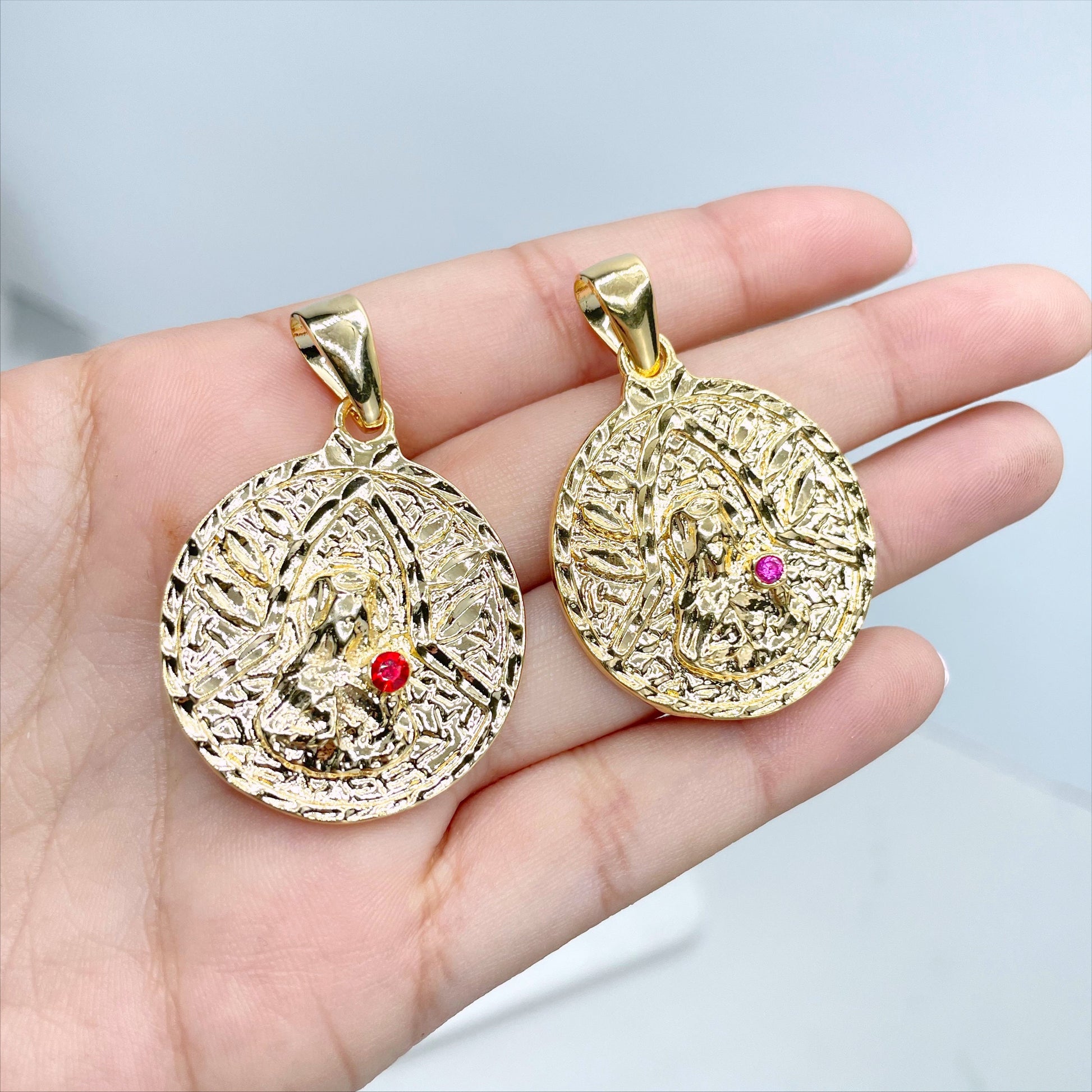 18k Gold Filled Santa Barbara with Red or Pink Cubic Zirconia, Texturized Charm Pendant, Wholesale Jewelry Making Supplies