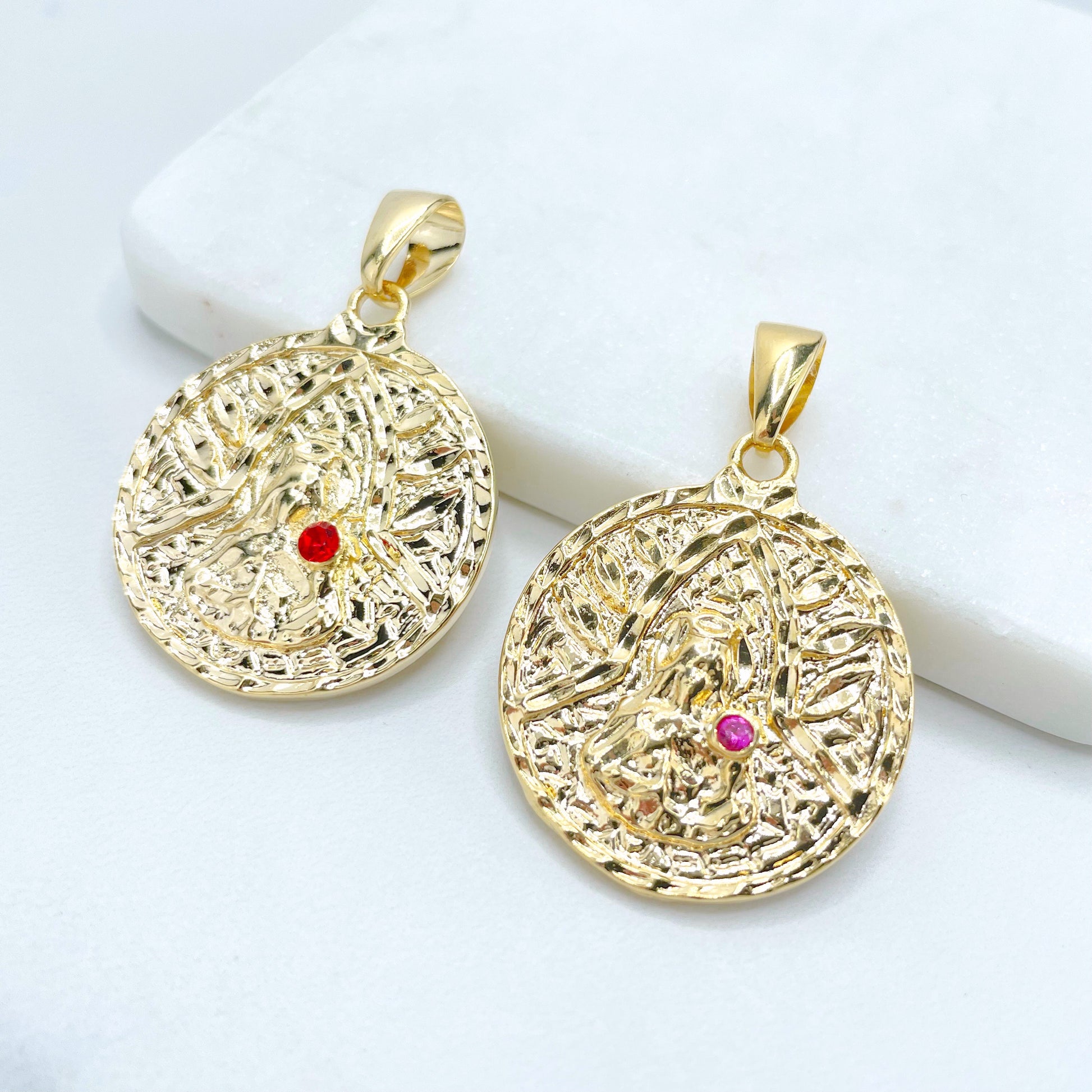 18k Gold Filled Santa Barbara with Red or Pink Cubic Zirconia, Texturized Charm Pendant, Wholesale Jewelry Making Supplies