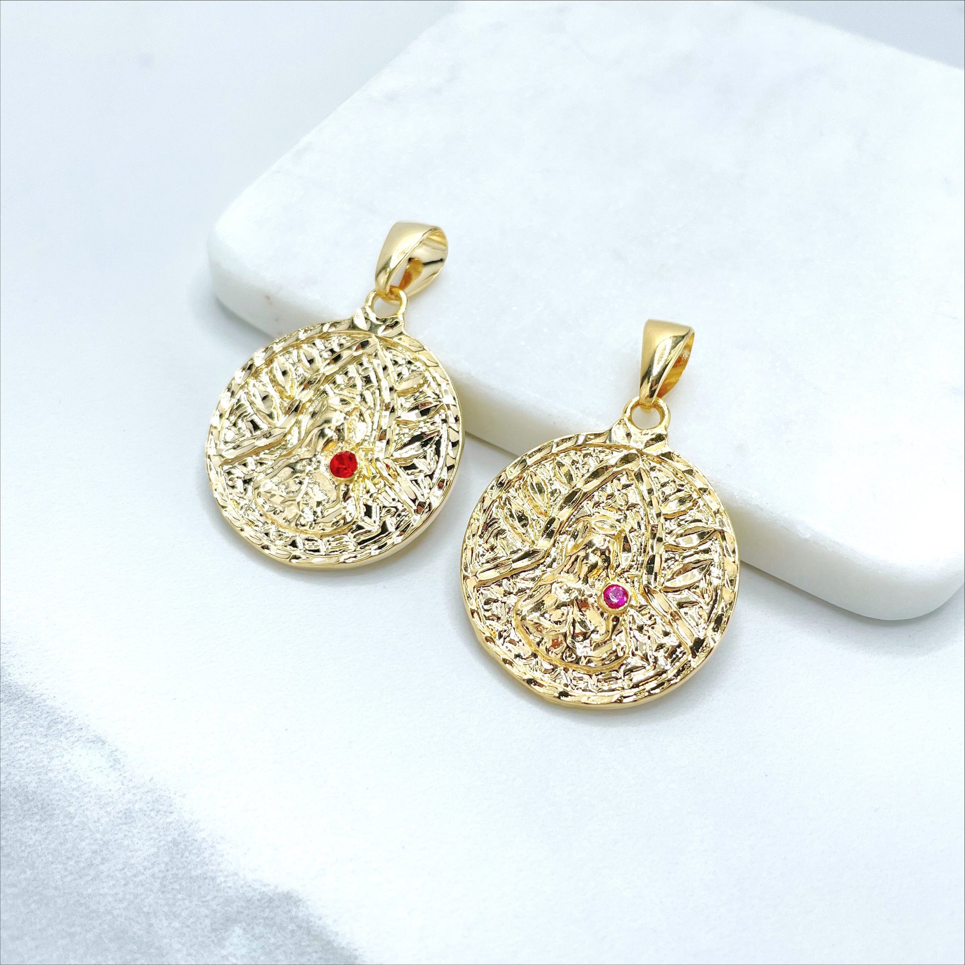 18k Gold Filled Santa Barbara with Red or Pink Cubic Zirconia, Texturized Charm Pendant, Wholesale Jewelry Making Supplies