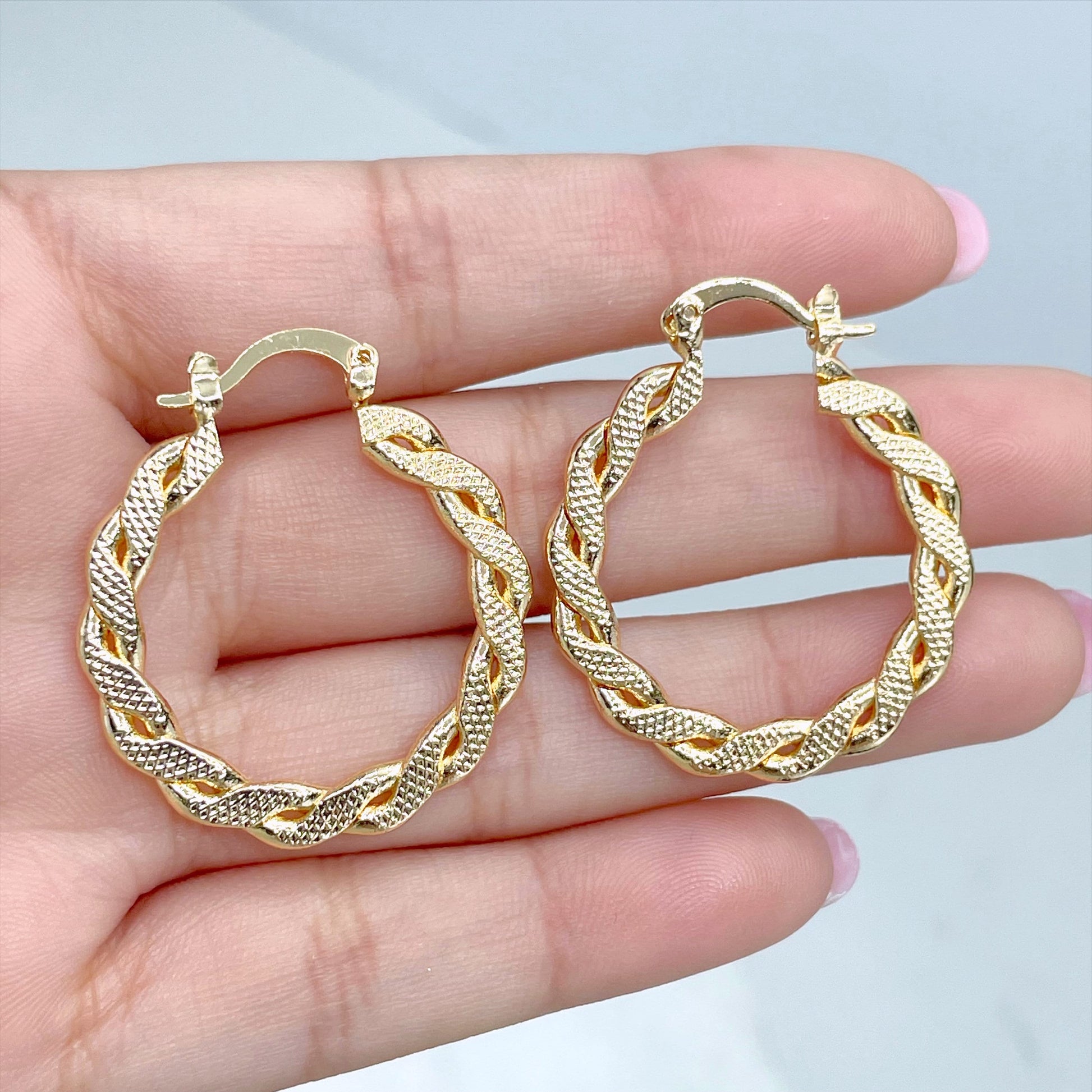 18k Gold Filled Braided 30mm Hoop Textured Earrings, 2mm Thickness, Wholesale Jewelry Making Supplies