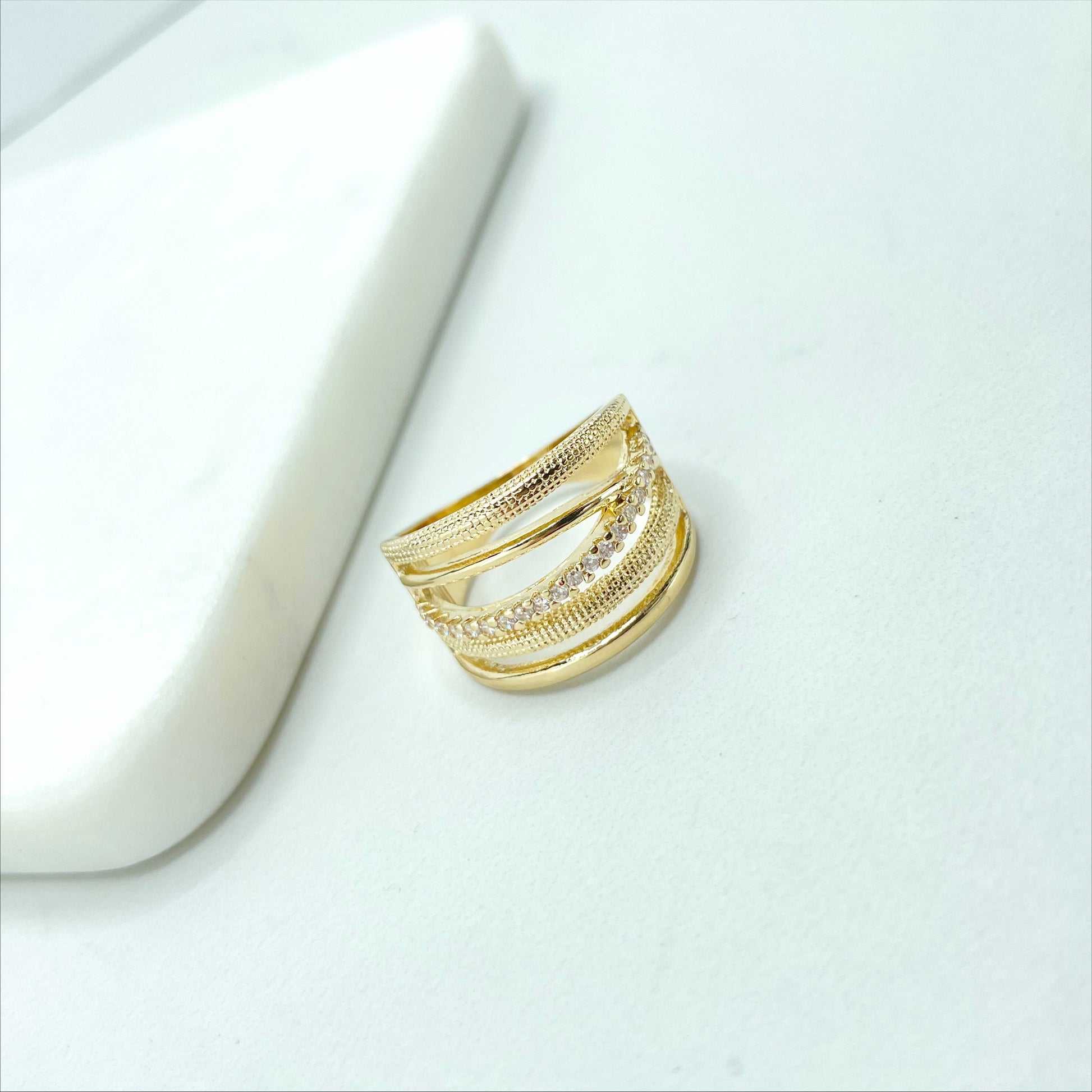 18k Gold Filled Simulated Stacking Texturized Ring Featuring with Micro Cubic Zirconia Wholesale Jewelry Supplies