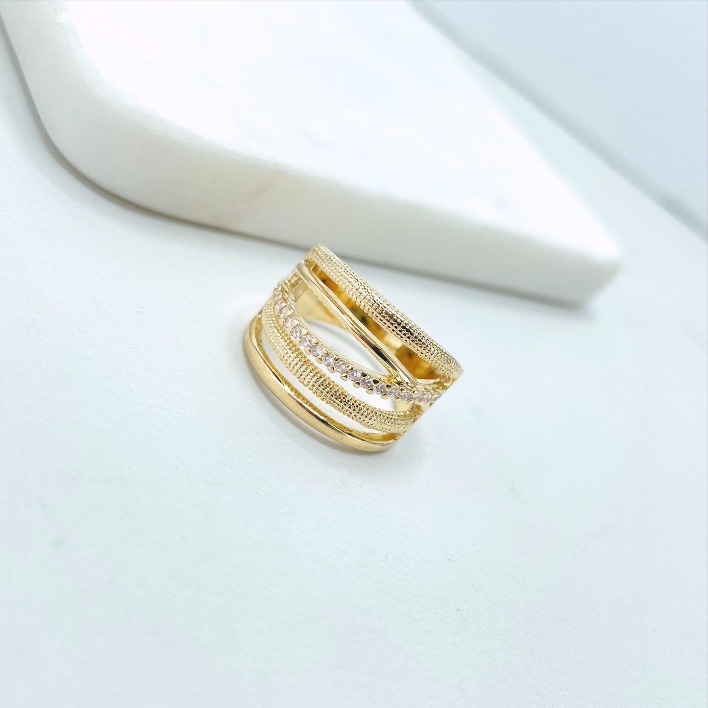 18k Gold Filled Simulated Stacking Texturized Ring Featuring with Micro Cubic Zirconia Wholesale Jewelry Supplies