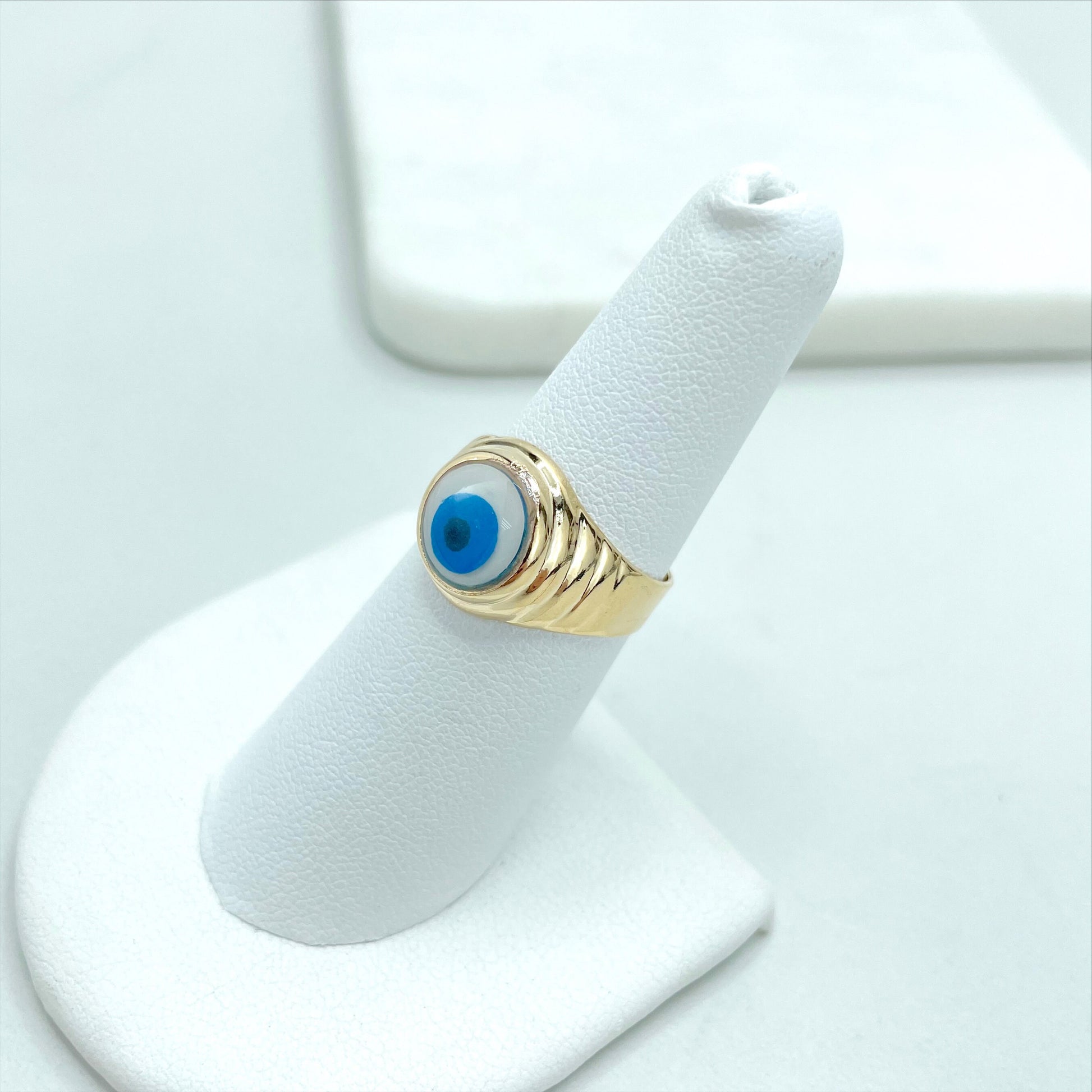 18k Gold Filled Texturized Blue Evil Eye, Greek Eyes Ring, Lucky & Protection Ring, Wholesale Jewelry Making Supplies