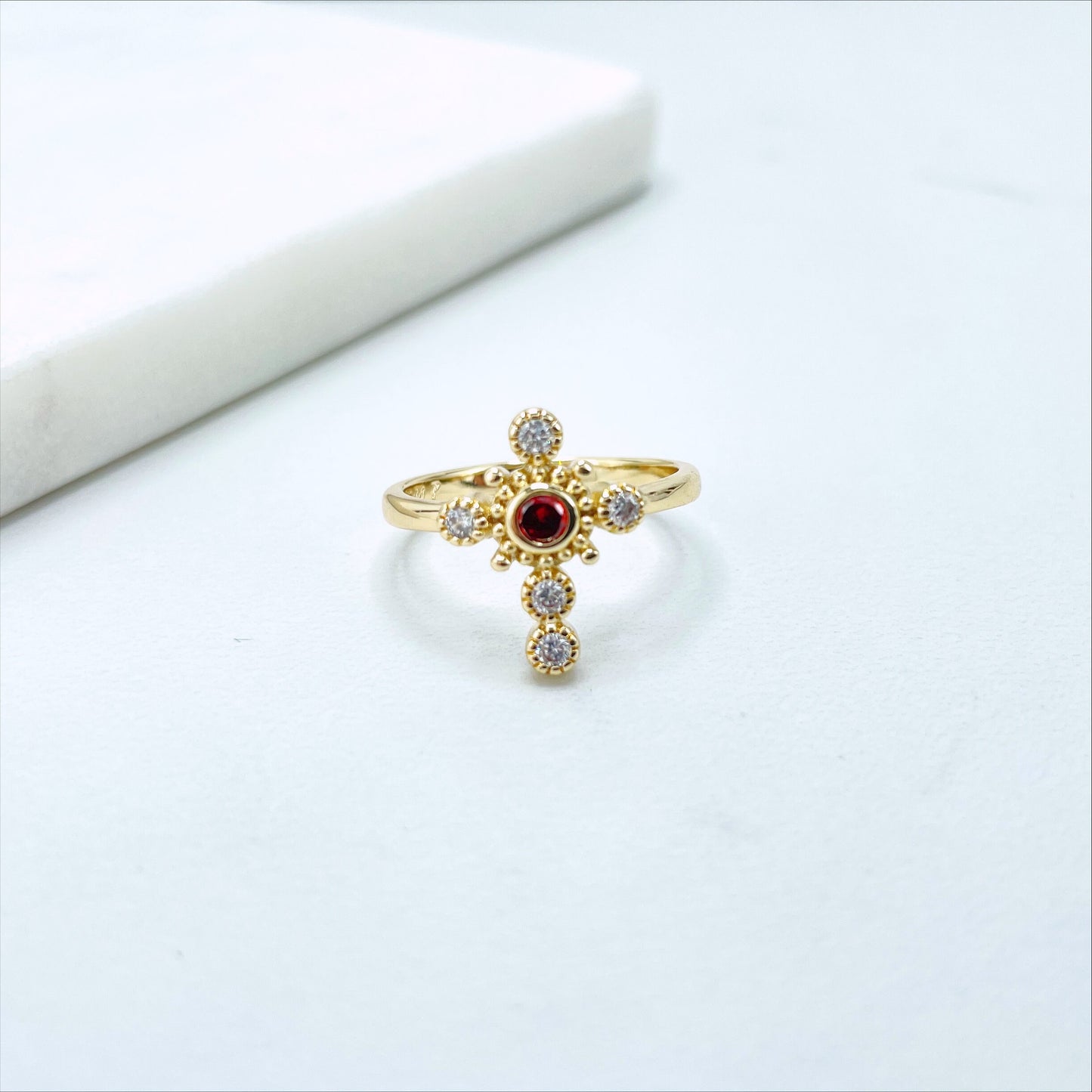 18k Gold Filled Deliciated Cross Shape Ring with Cubic Zirconia Red, White or Black, Wholesale Jewelry Making Supplies