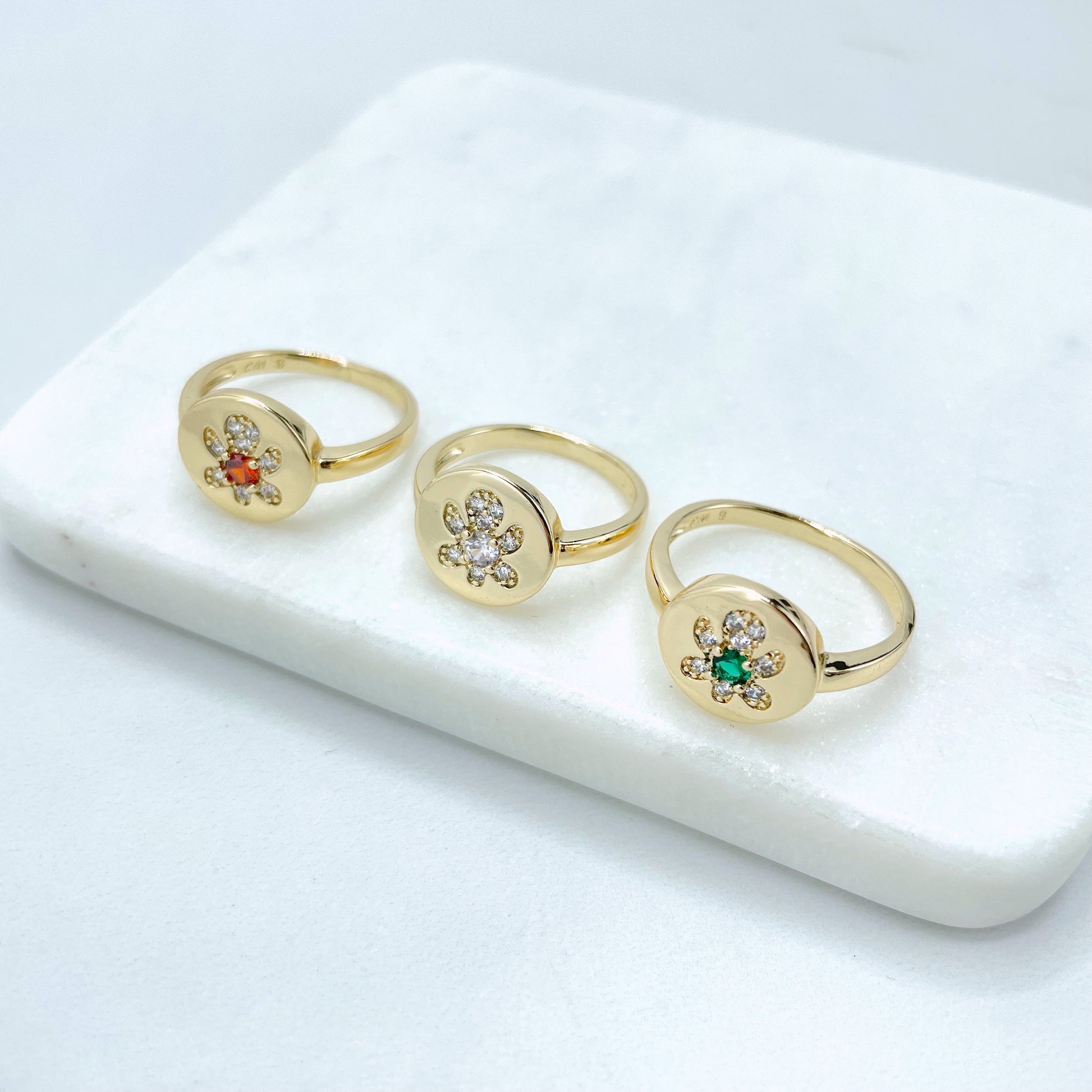 18k Gold Filled Clear Micro Cubic Zirconia in Flower Shape Design Ring with Green, Orange or Clear CZ, Wholesale Jewelry Making Supplies
