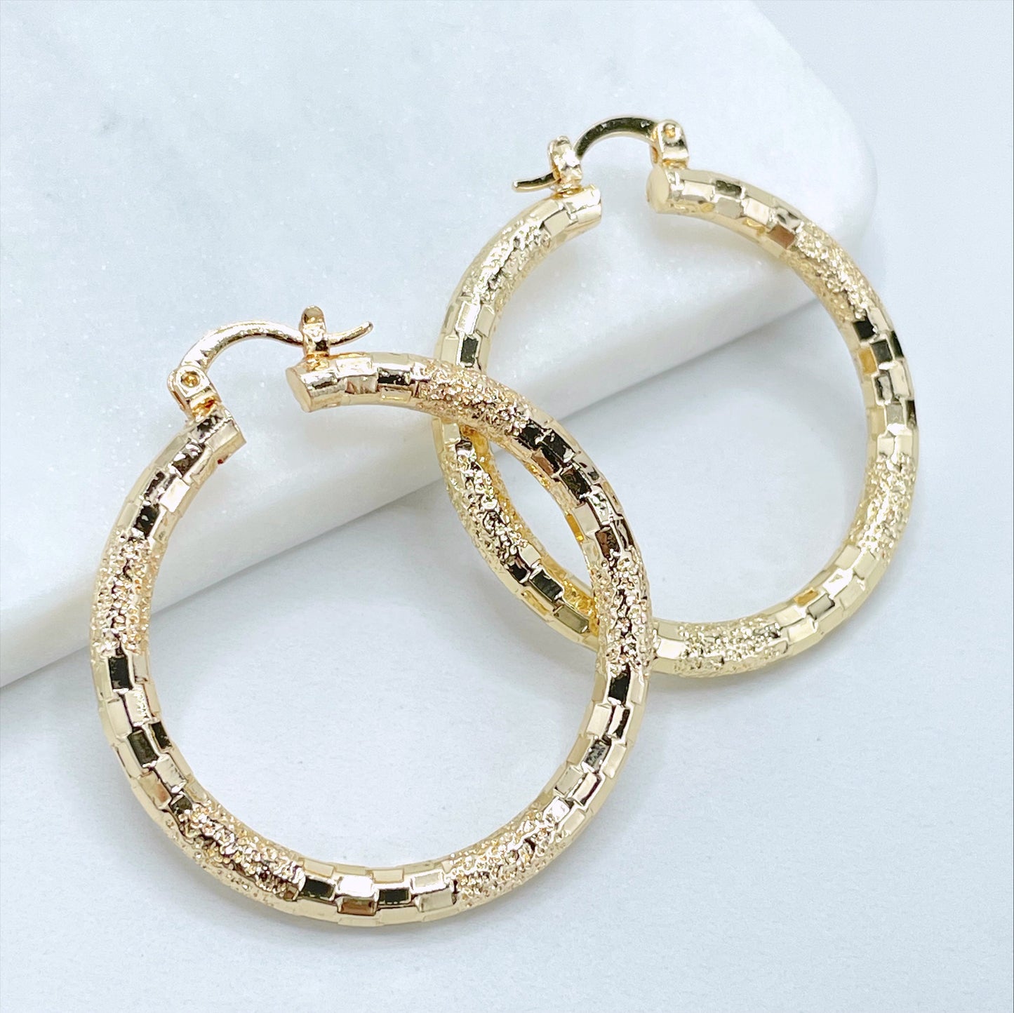 18k Gold Filled 40mm Textured Hoops Earrings, 4mm Thickness, Wholesale Jewelry Making Supplies