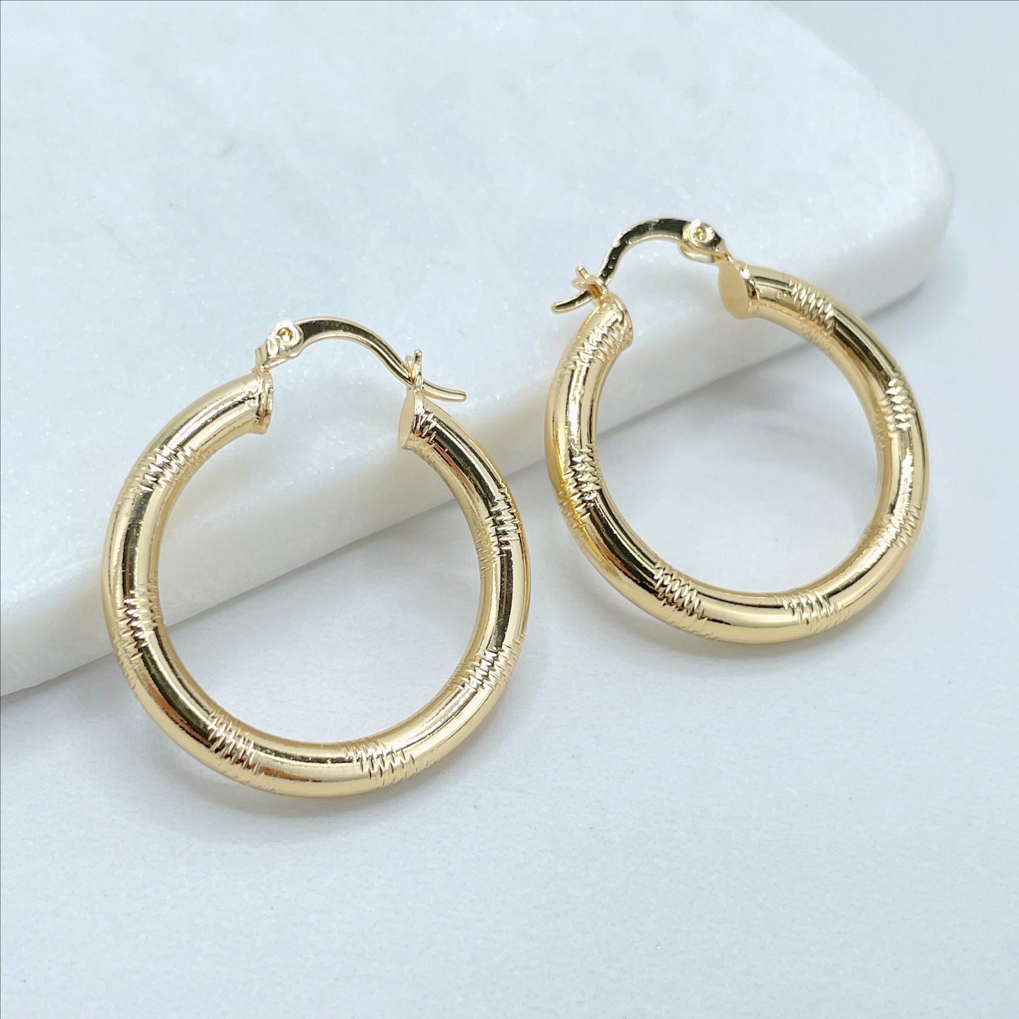 18k Gold Filled 30mm Textured Hoops Earrings, 4mm Thickness, Wholesale Jewelry Making Supplies