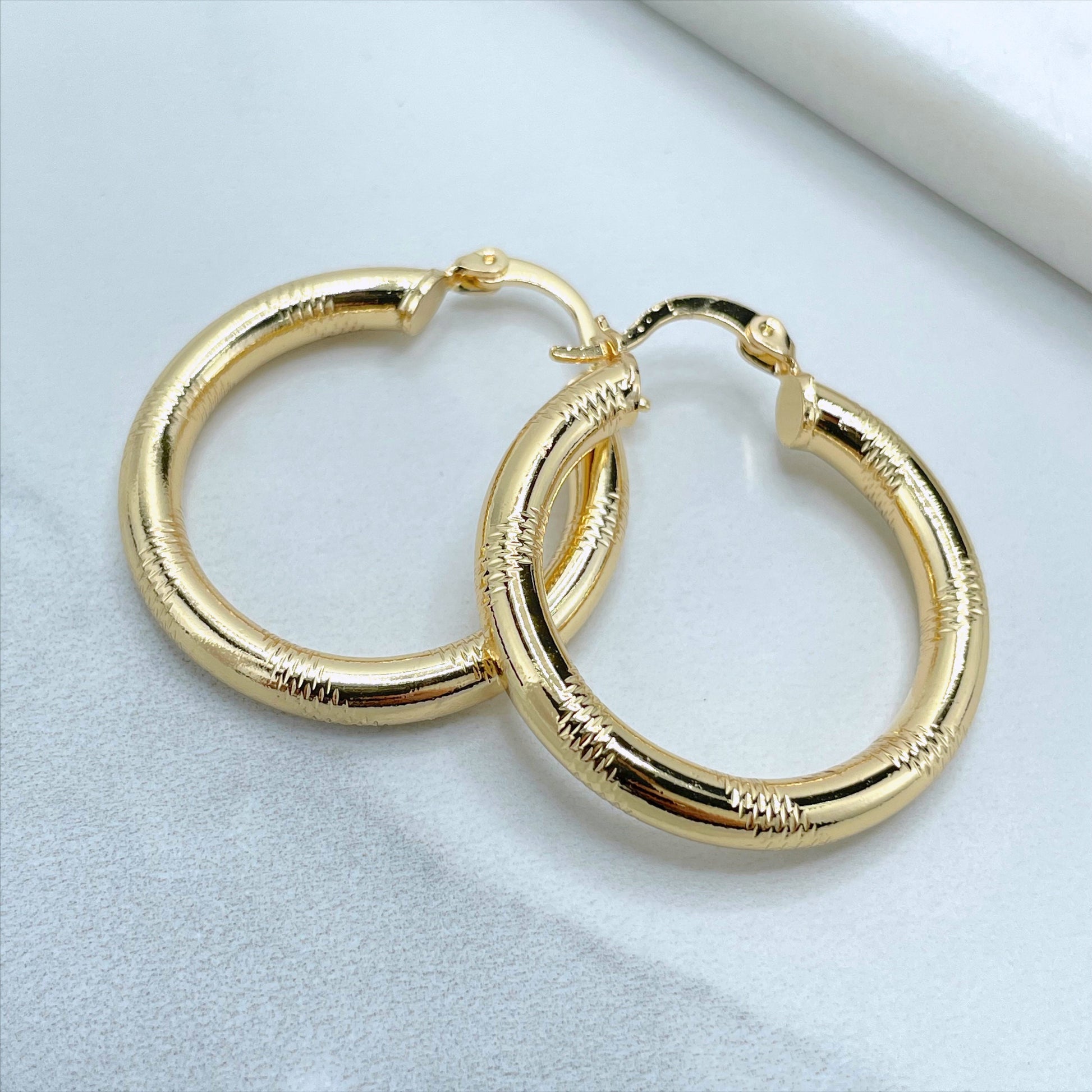 18k Gold Filled 30mm Textured Hoops Earrings, 4mm Thickness, Wholesale Jewelry Making Supplies