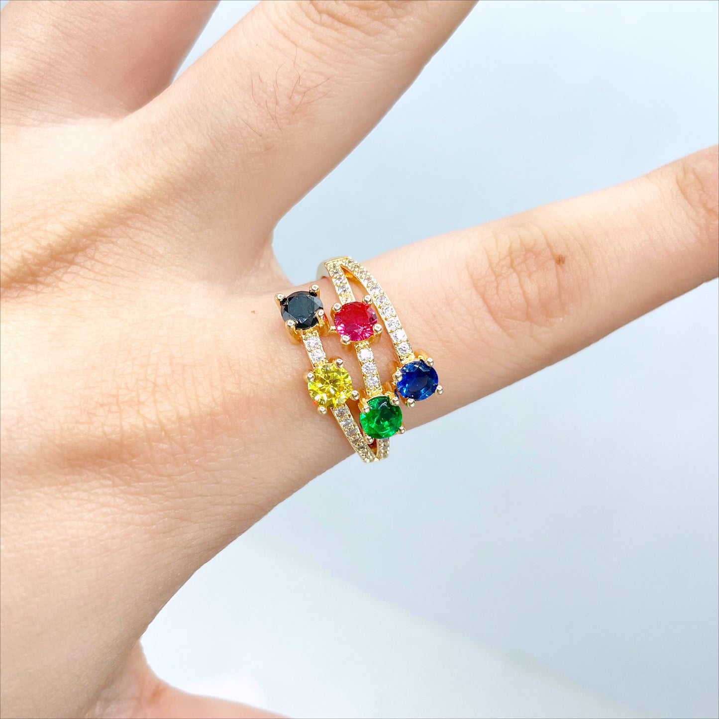 18k Gold Filled Clear Micro Cubic Zirconia and Colored CZ Pink, Blue, Yellow, Green & Black Ring, Wholesale Jewelry Making Supplies