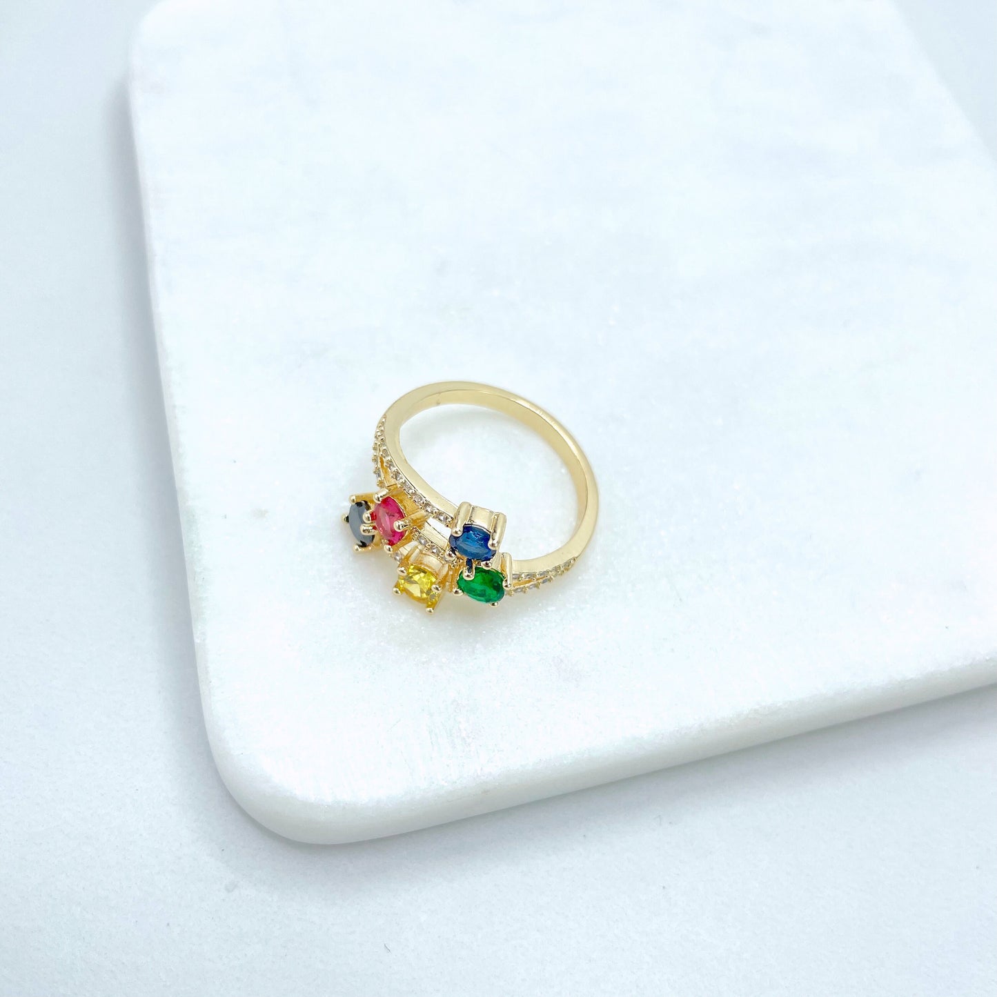 18k Gold Filled Clear Micro Cubic Zirconia and Colored CZ Pink, Blue, Yellow, Green & Black Ring, Wholesale Jewelry Making Supplies