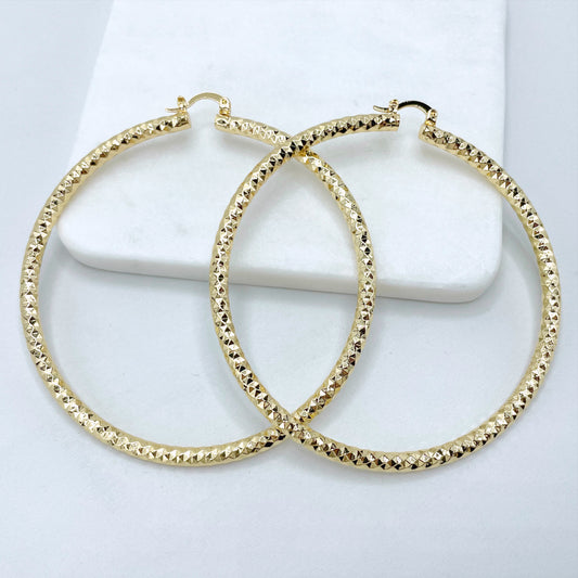 18k Gold Filled 77mm Textured Hoops Earrings, 4mm Thickness Wholesale Jewelry Making Supplies