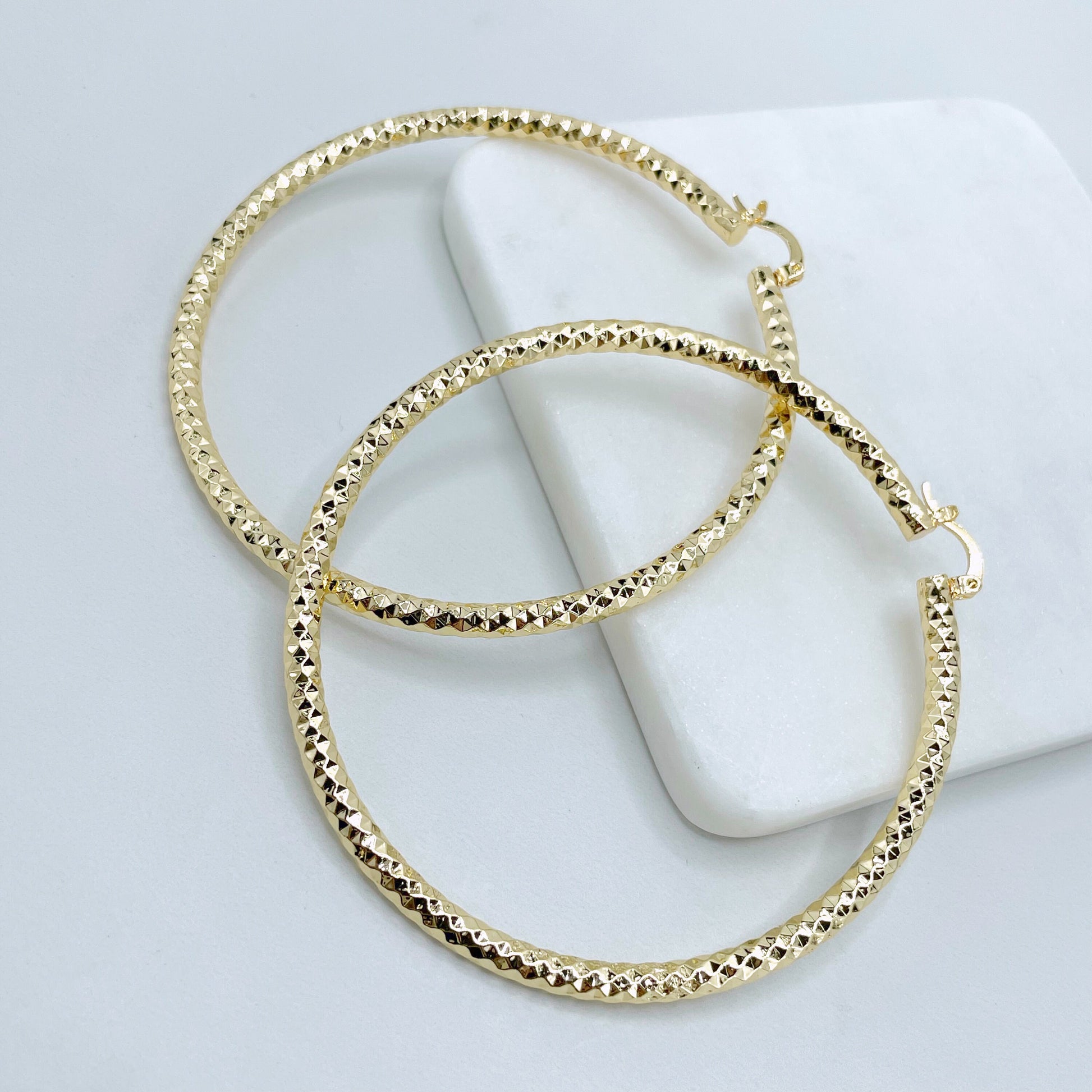 18k Gold Filled 77mm Textured Hoops Earrings, 4mm Thickness Wholesale Jewelry Making Supplies