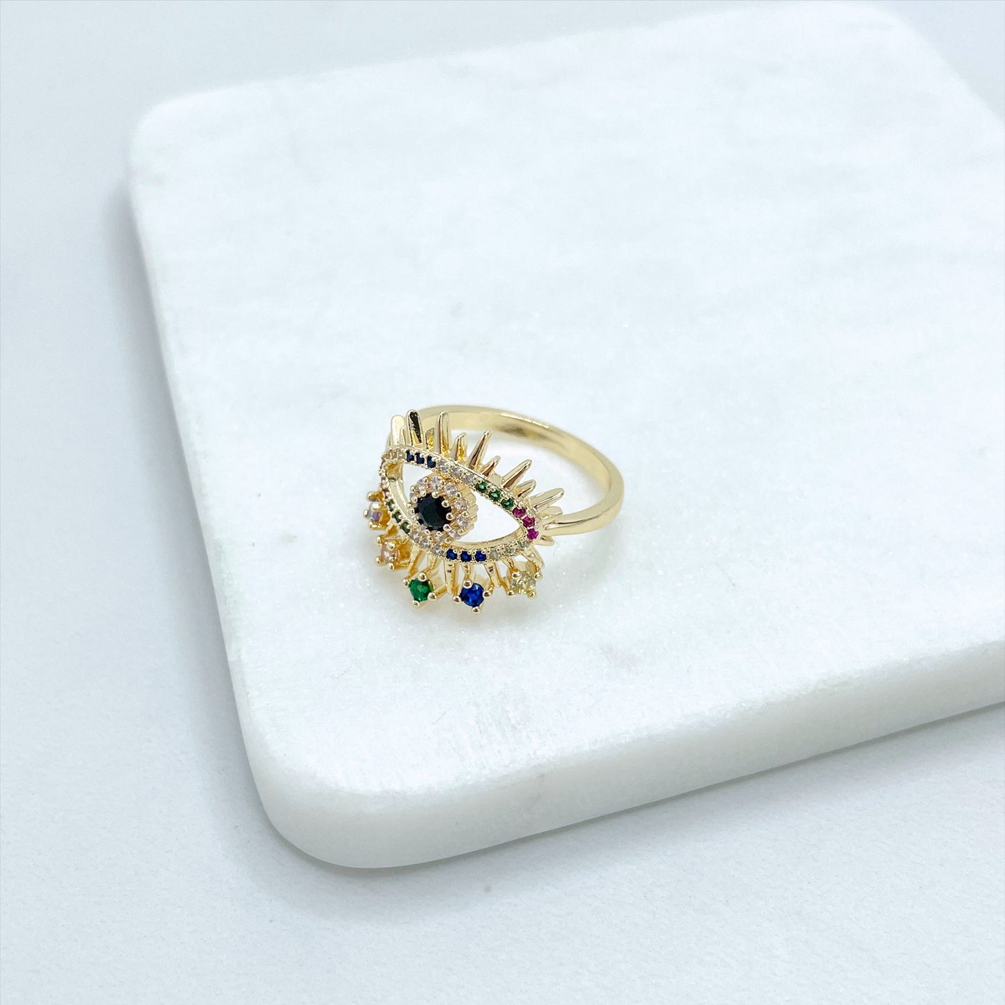 18k Gold Filled Evil Eyes Shape Statement Ring Featuring with Colored Rainbow Micro CZ and CZ, Wholesale Jewelry Making Supplies