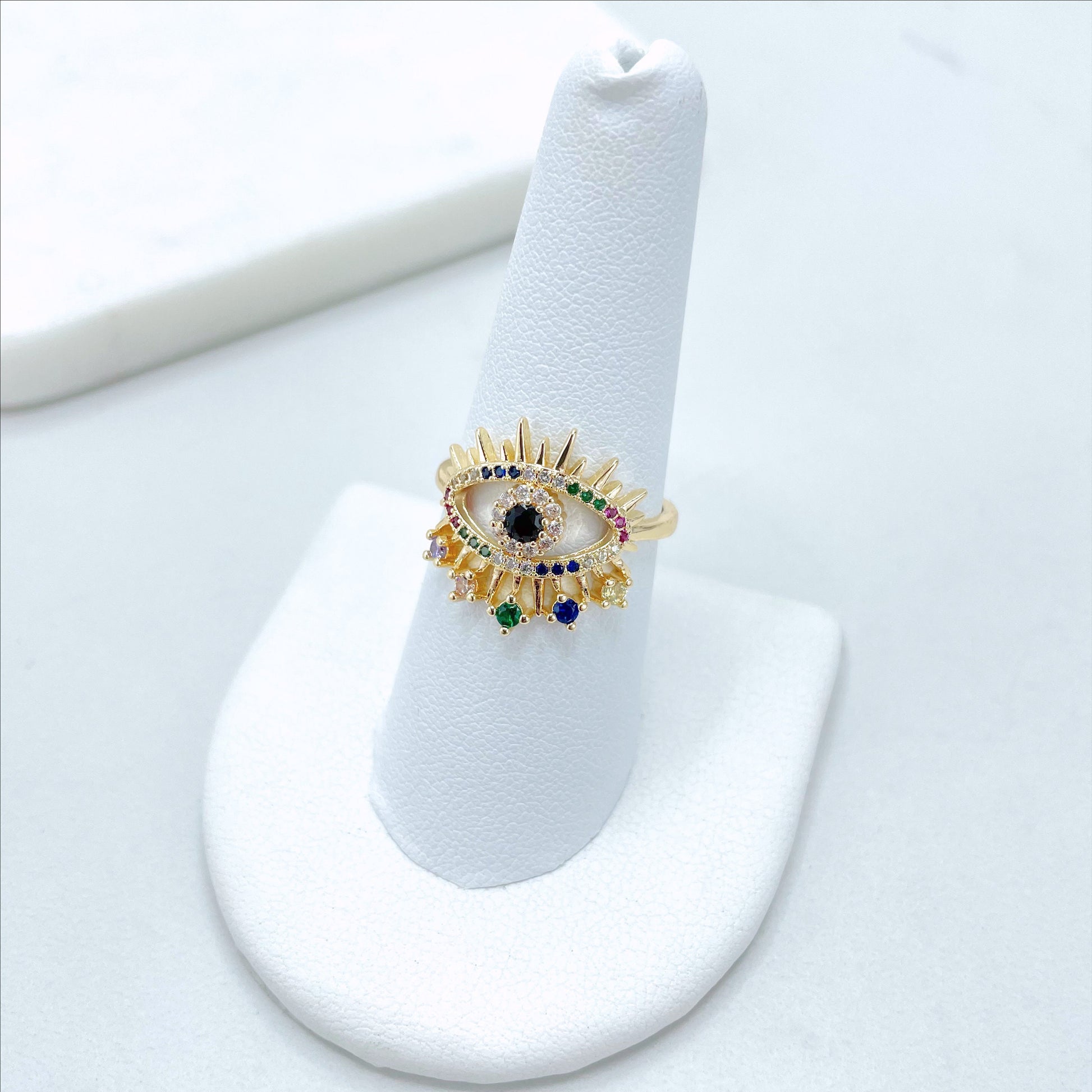 18k Gold Filled Evil Eyes Shape Statement Ring Featuring with Colored Rainbow Micro CZ and CZ, Wholesale Jewelry Making Supplies