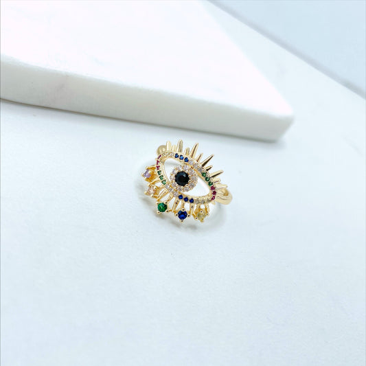 18k Gold Filled Evil Eyes Shape Statement Ring Featuring with Colored Rainbow Micro CZ and CZ, Wholesale Jewelry Making Supplies