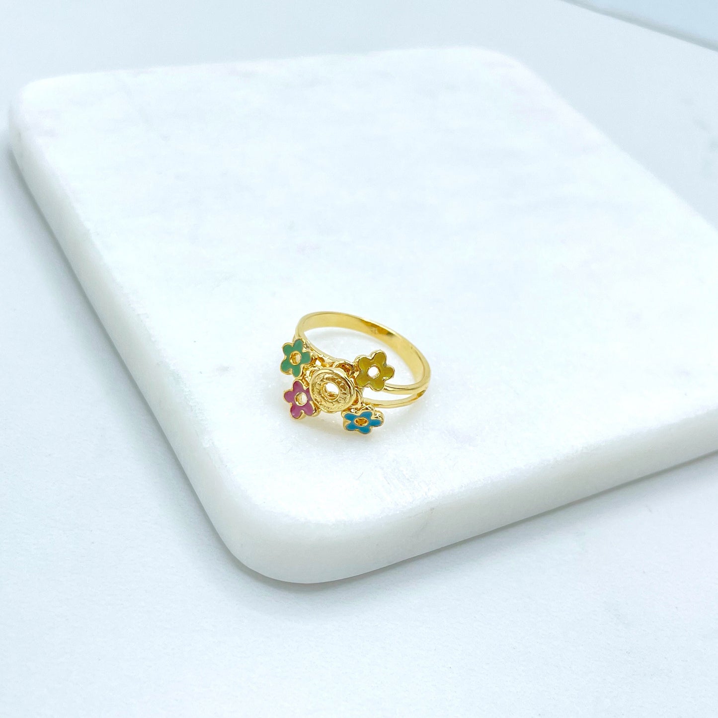 18k Gold Filled Colored Enamel Yellow, Blue, Green and Pink Flowers and Circle Ring, Wholesale Jewelry Making Supplies