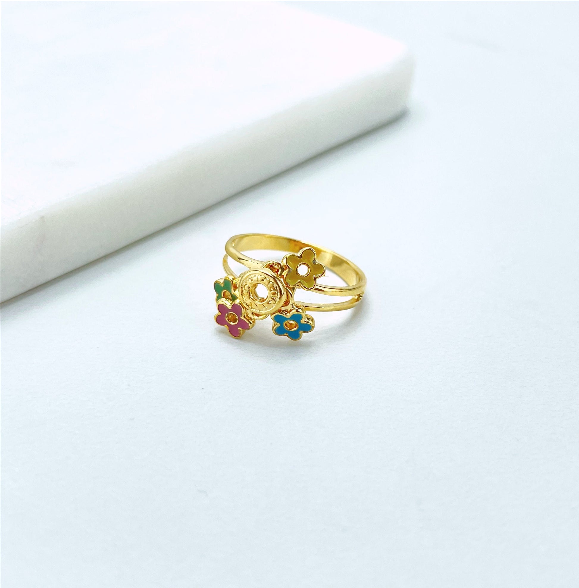 18k Gold Filled Colored Enamel Yellow, Blue, Green and Pink Flowers and Circle Ring, Wholesale Jewelry Making Supplies