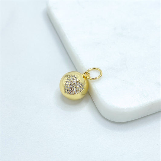 18k Gold Filled Heart with Micro Cubic Zirconia and back with Stars Hole Ball Pendant Charms, Wholesale Jewelry Making Supplies