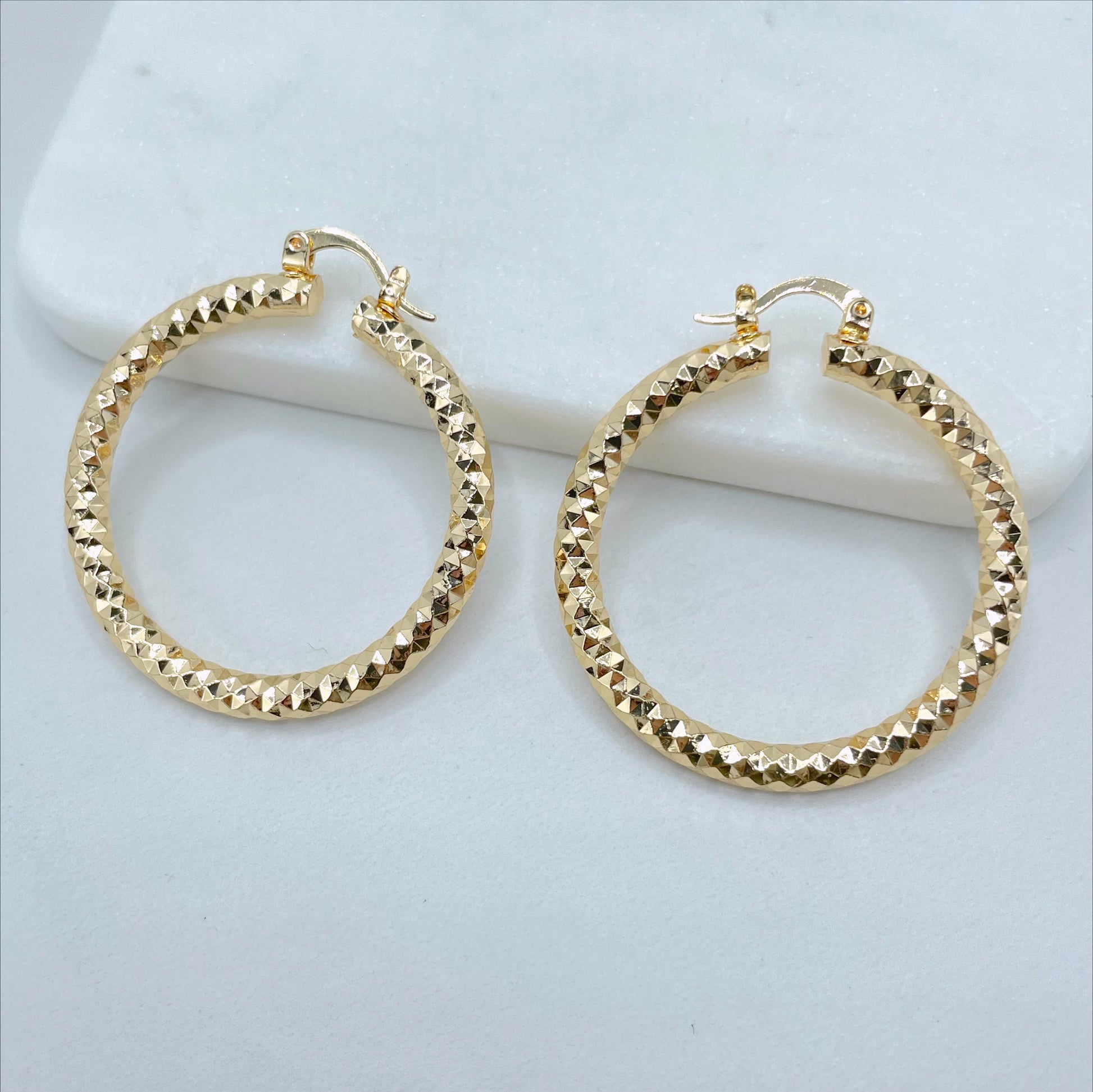 18k Gold Filled 4mm Thickness 40mm Textured Hoops Earrings Wholesale Jewelry Making Supplies