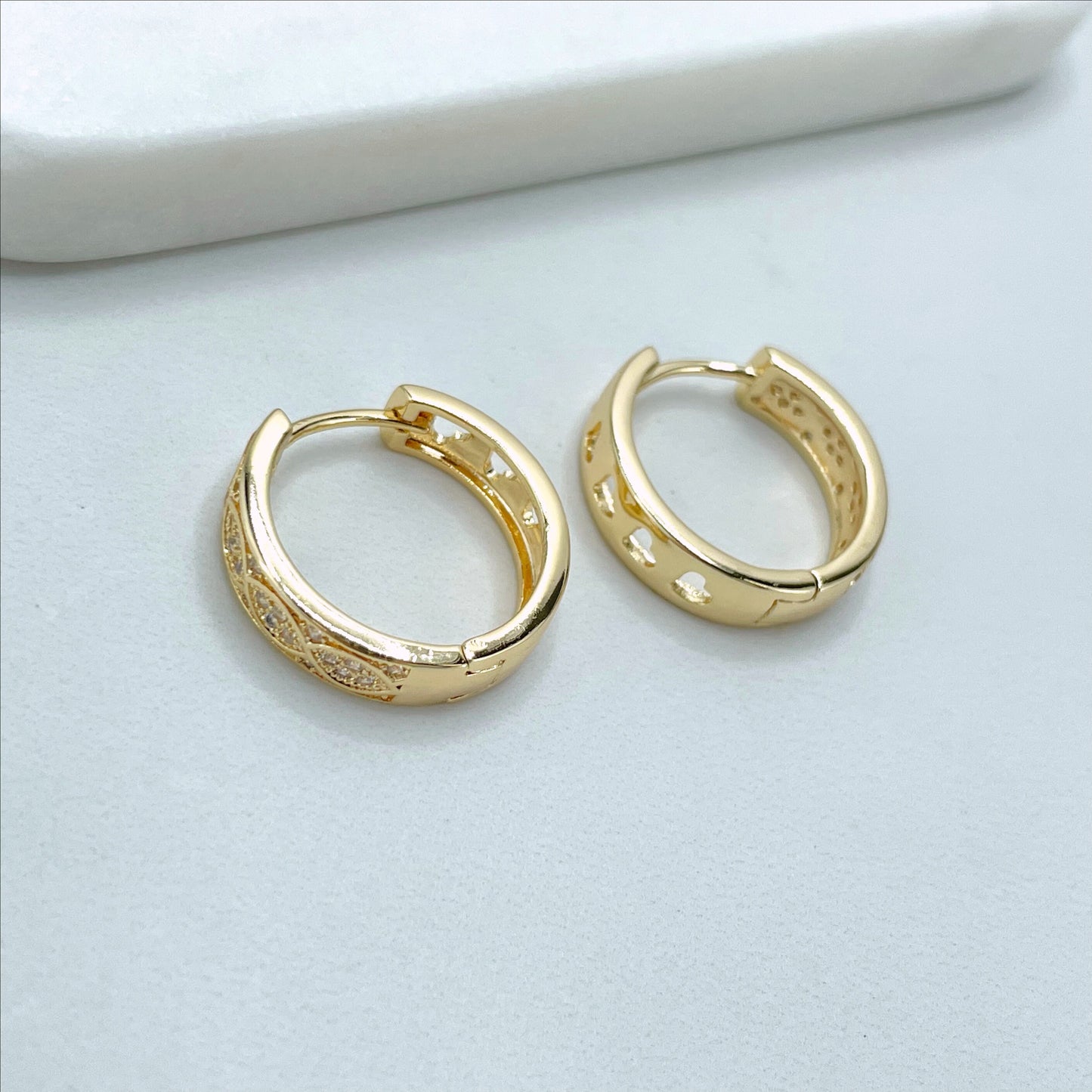 18k Gold Filled 9mm Huggie Hoops Earrings with Micro Cubic Zirconia and Hearts Cutout Back Design, Wholesale Jewelry Making Supplies