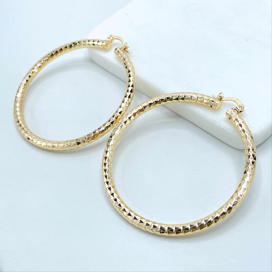 18k Gold Filled 58mm Textured Hoops Earrings, 4mm Thickness Wholesale Jewelry Making Supplies