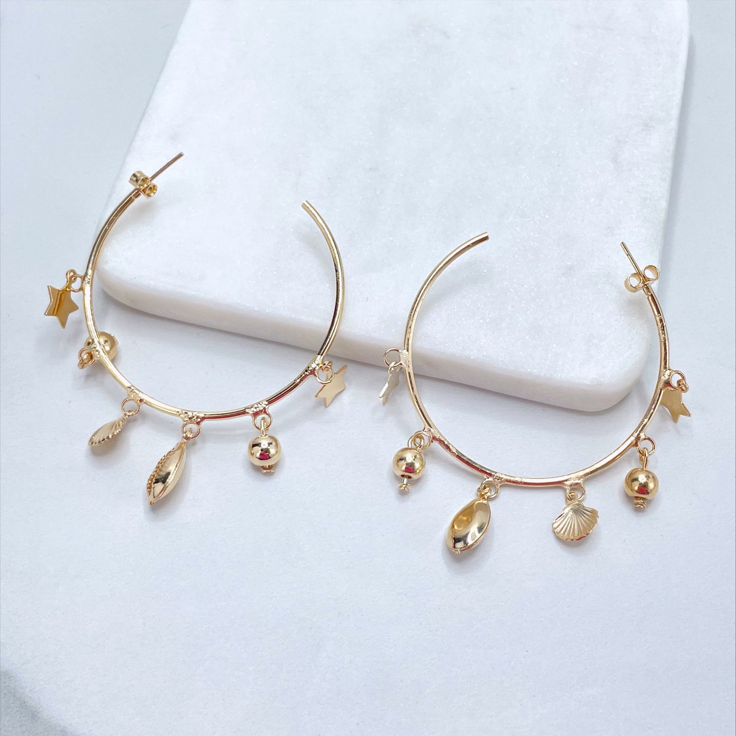 18k Gold Filled 50mm C-Hoops Sea Marine Theme Earrings with Stars, Cowry Shell, Balls Charms, Wholesale Jewelry Making Supplies