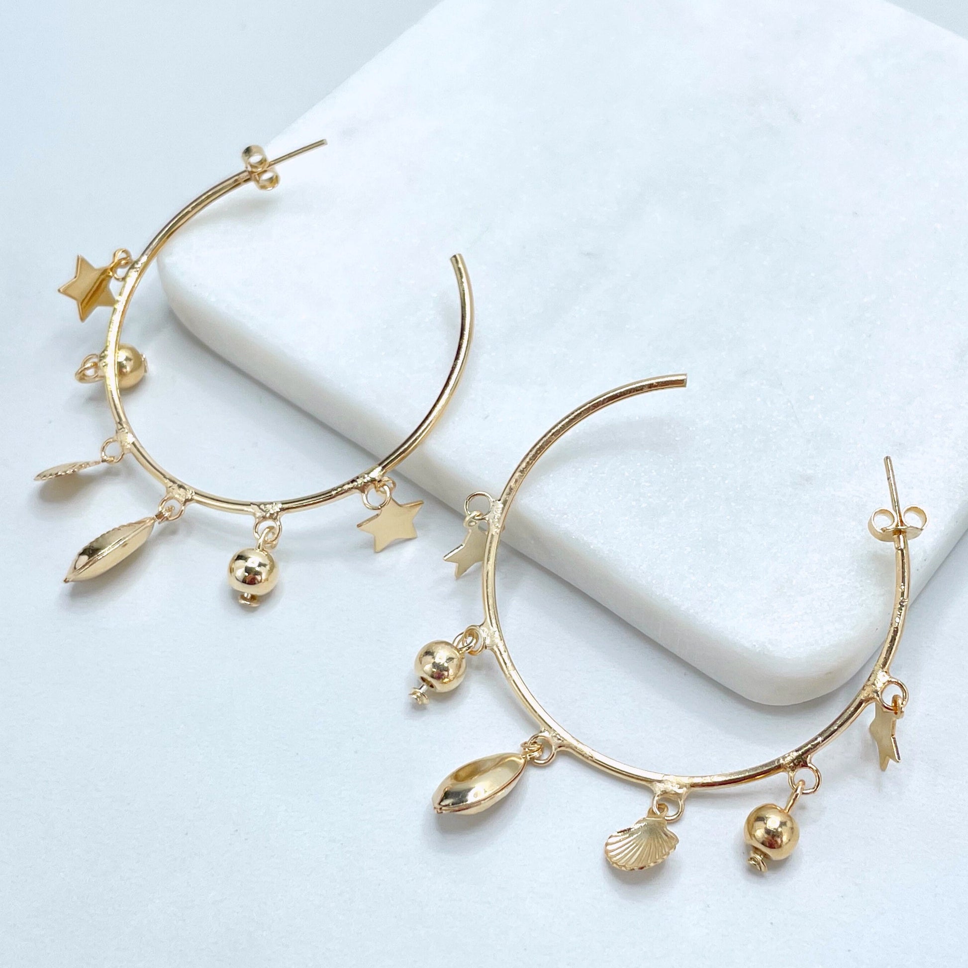18k Gold Filled 50mm C-Hoops Sea Marine Theme Earrings with Stars, Cowry Shell, Balls Charms, Wholesale Jewelry Making Supplies