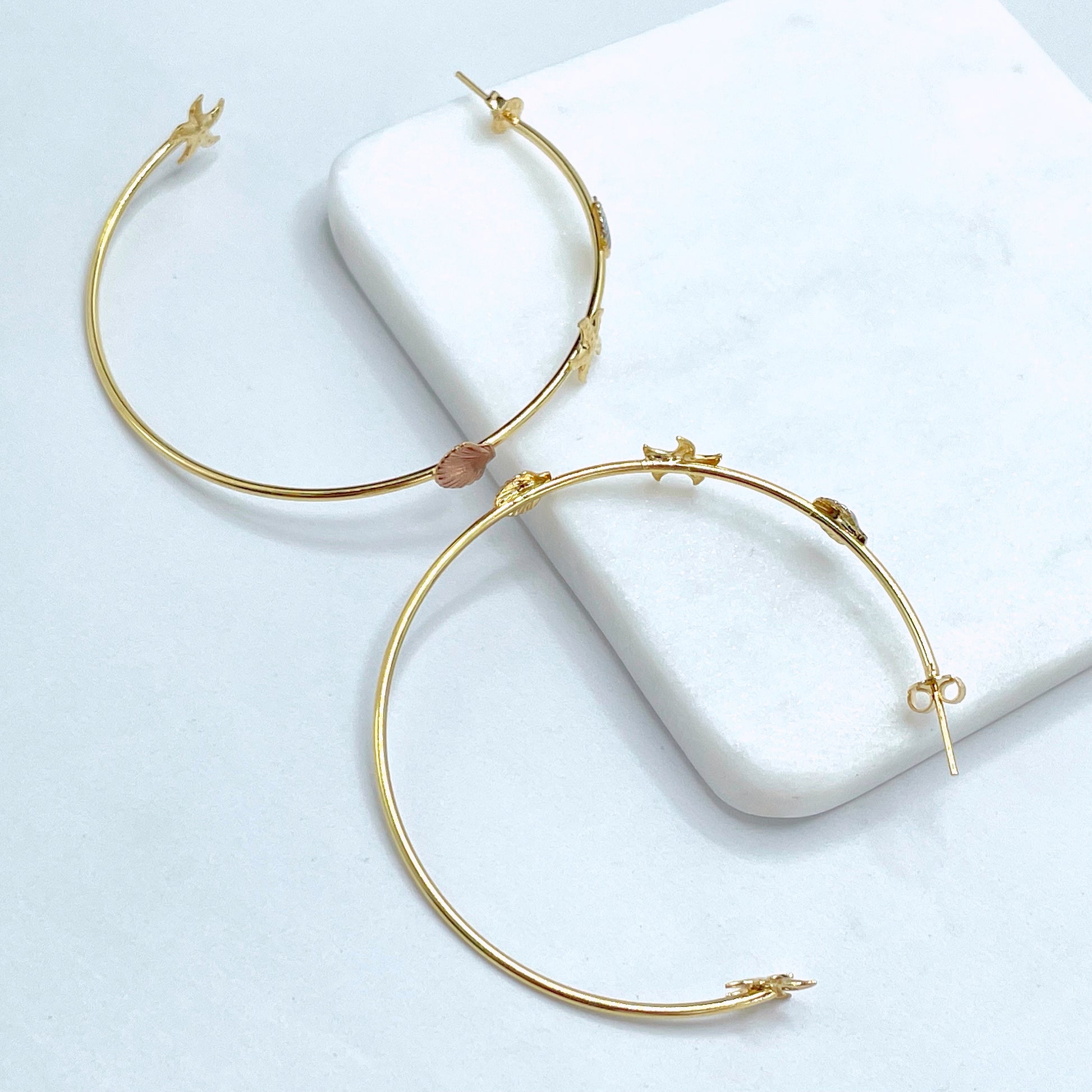 18k Gold Filled Tri Tone 62mm C-Hoops Sea Marine Theme Earrings with Shell and Starfish Charms, Wholesale Jewelry Making Supplies