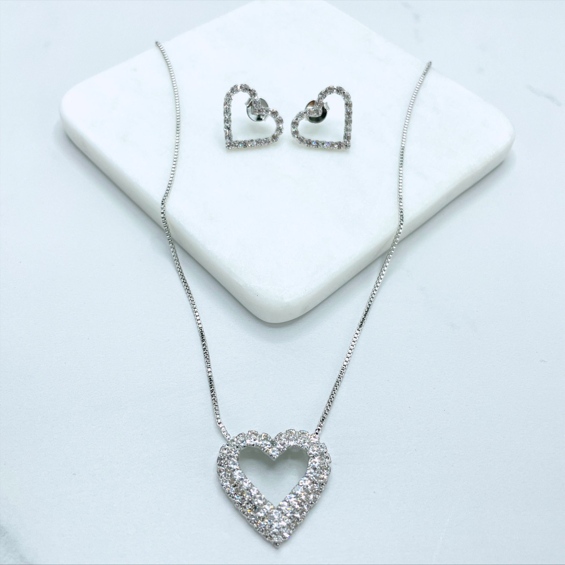 18k Gold Filled or White Gold Filled 1mm Box Chain with CZ Fancy Heart Design Set Necklace & Earrings Wholesale Jewelry Supplies