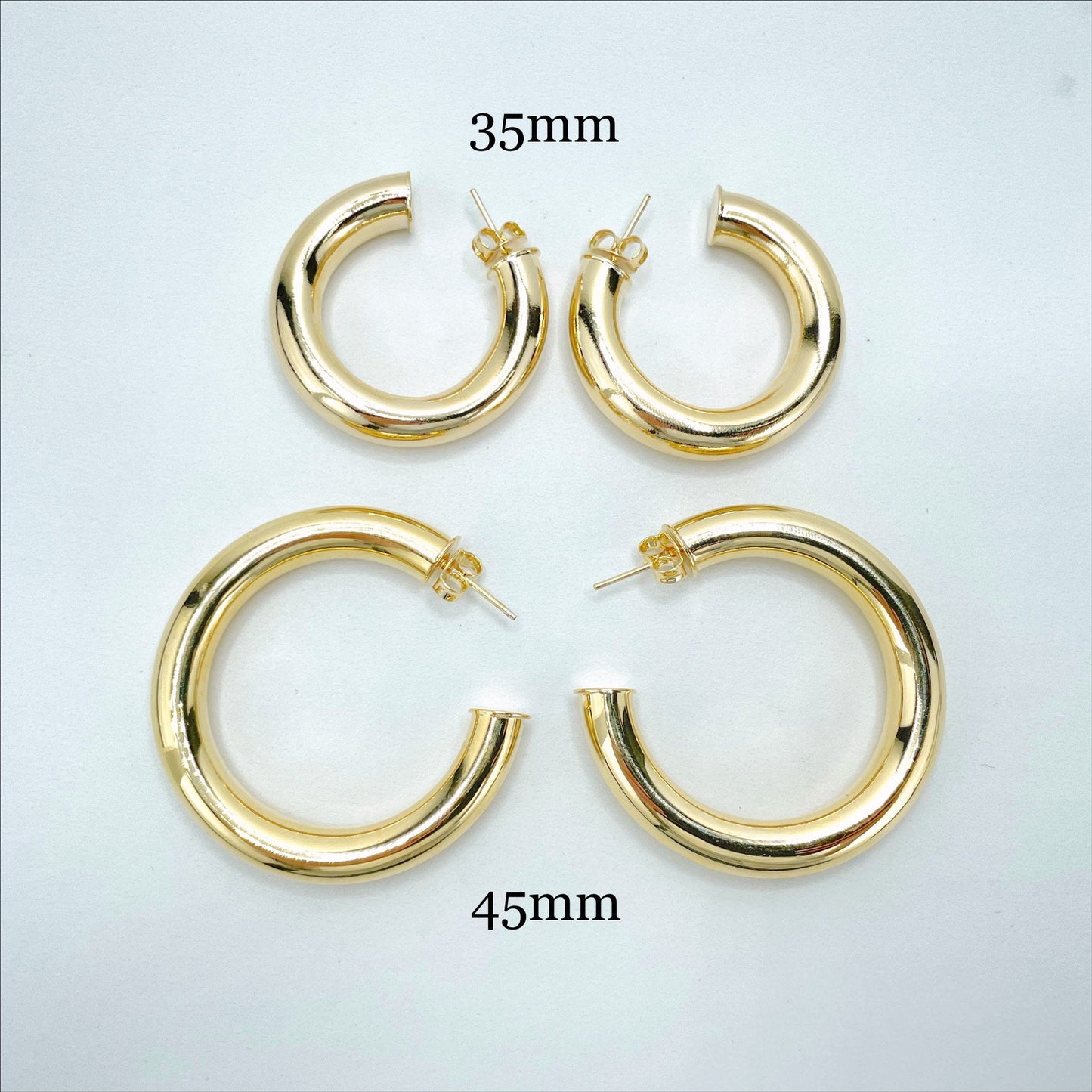 18k Gold Filled Donut Tubular Open Hoop Earrings 35mm, 30mm, 25mm, C-Hoops Push Back Closure Wholesale Jewelry Supplies