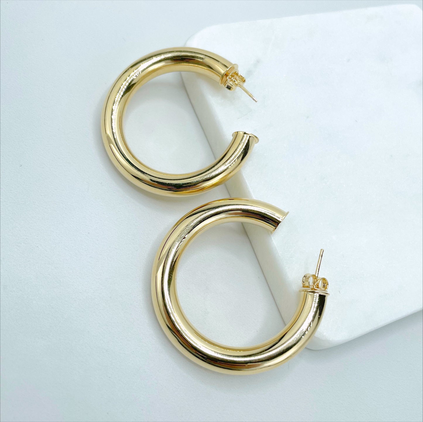 18k Gold Filled Donut Tubular Open Hoop Earrings 35mm, 30mm, 25mm, C-Hoops Push Back Closure Wholesale Jewelry Supplies