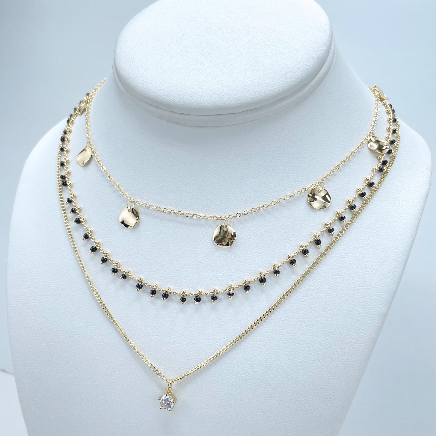 18k Gold Filled Set with 03 Necklaces, Round Gold Charms Neck, Paperclip Solitaire CZ and Black Beaded Necklace, Wholesale Jewelry Supplies