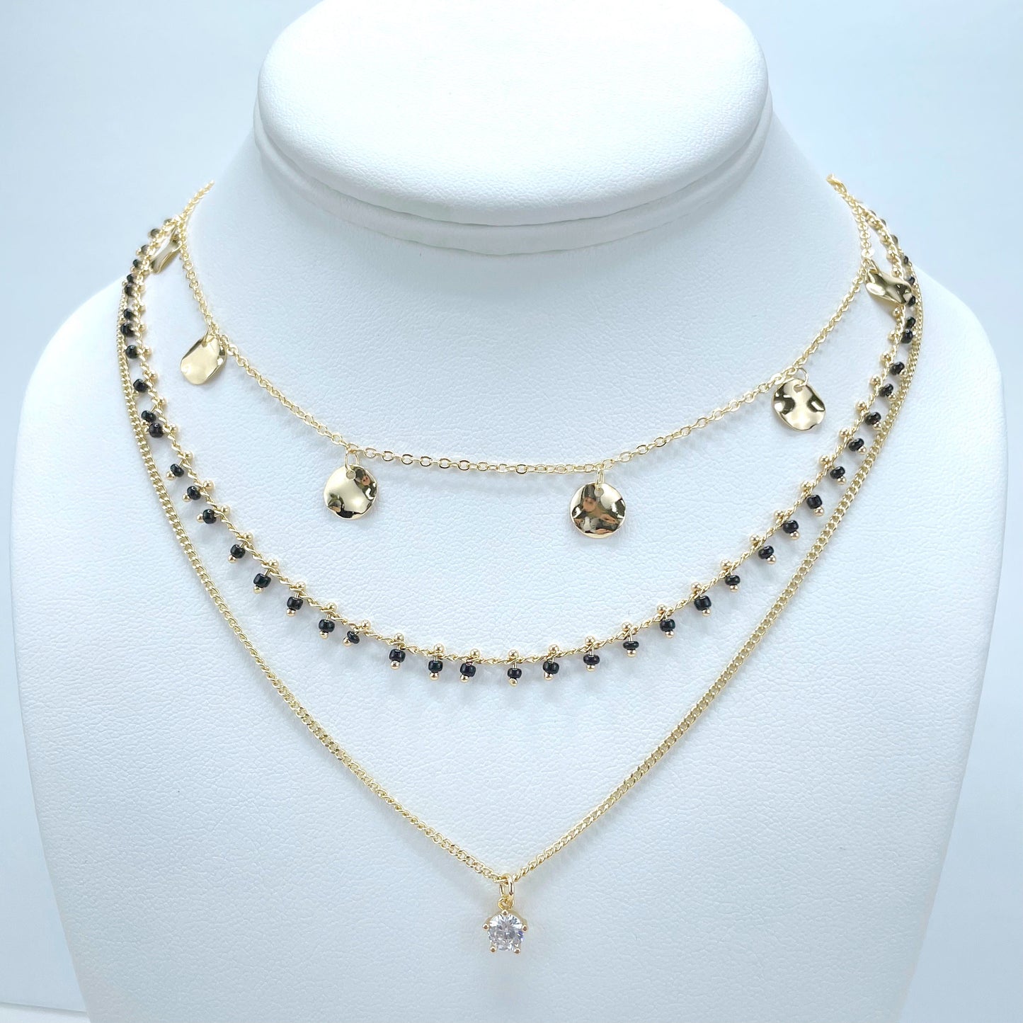 18k Gold Filled Set with 03 Necklaces, Round Gold Charms Neck, Paperclip Solitaire CZ and Black Beaded Necklace, Wholesale Jewelry Supplies