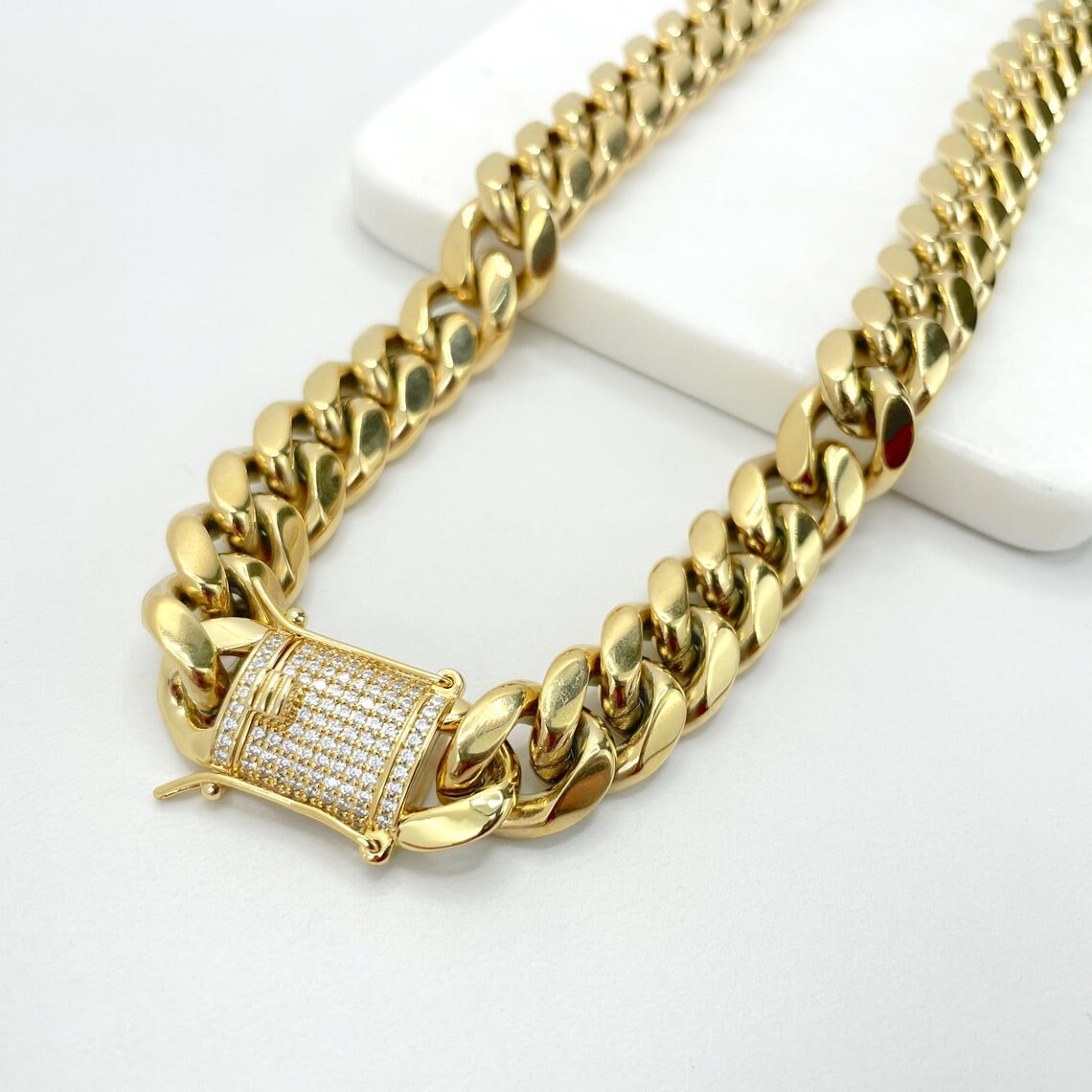 14k Gold Filled Miami Cuban Link 10mm or 14mm Bracelet  Double Safety Lock Box Clasp In Micro Pave Cubic Zirconia Wholesale Jewelry Supplies