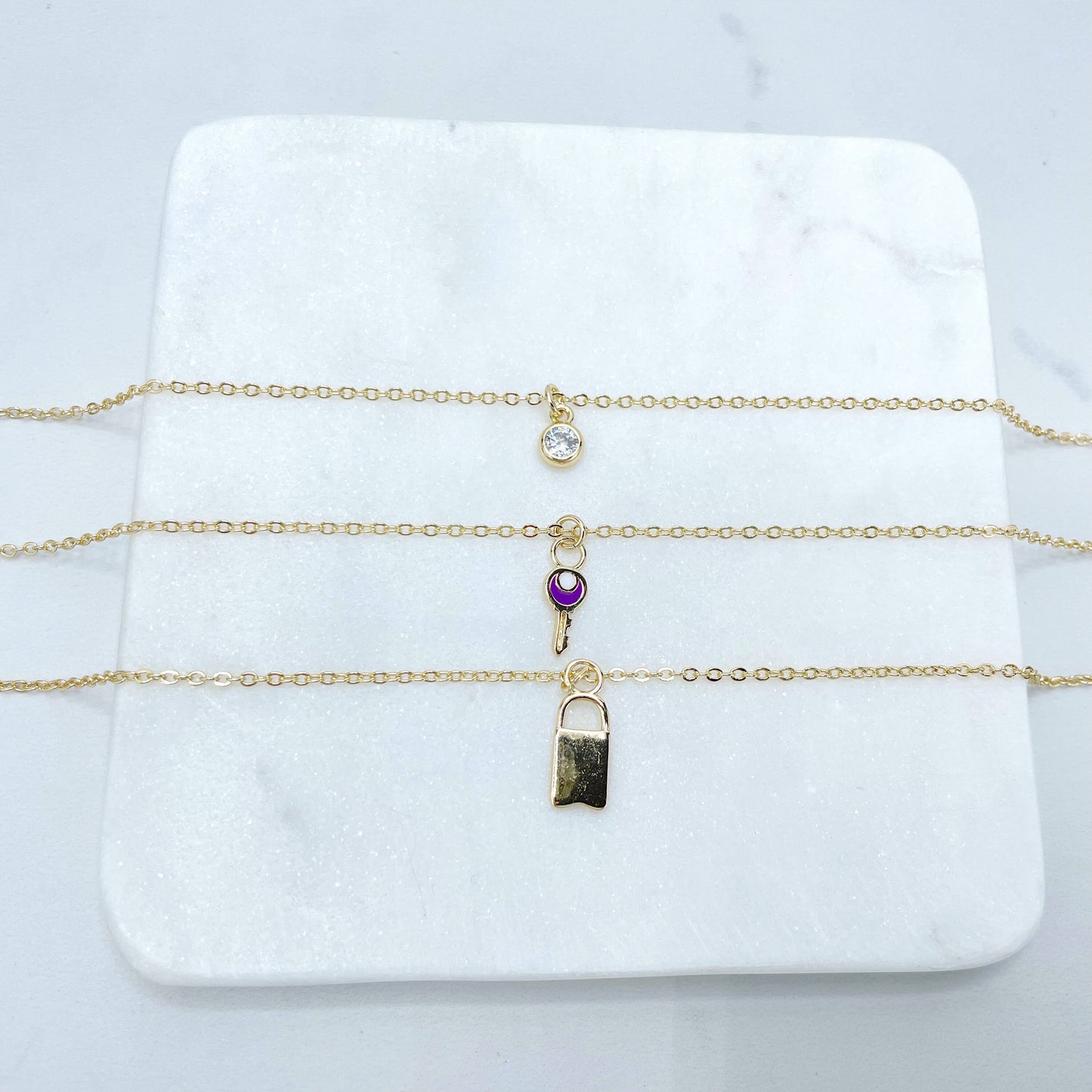 18k Gold Filled 2mm Rolo Chain Layered with 03 Necklaces, Gold Lock, Purple Enamel Key and Solitaire CZ, Wholesale Jewelry Making Supplies