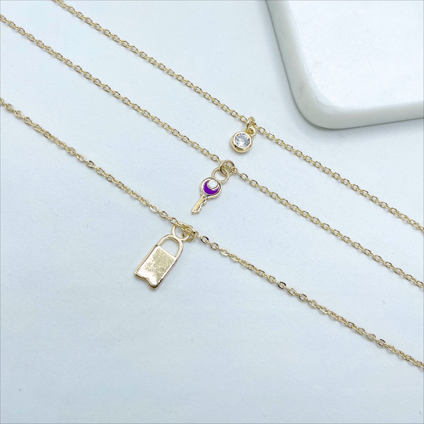 18k Gold Filled 2mm Rolo Chain Layered with 03 Necklaces, Gold Lock, Purple Enamel Key and Solitaire CZ, Wholesale Jewelry Making Supplies