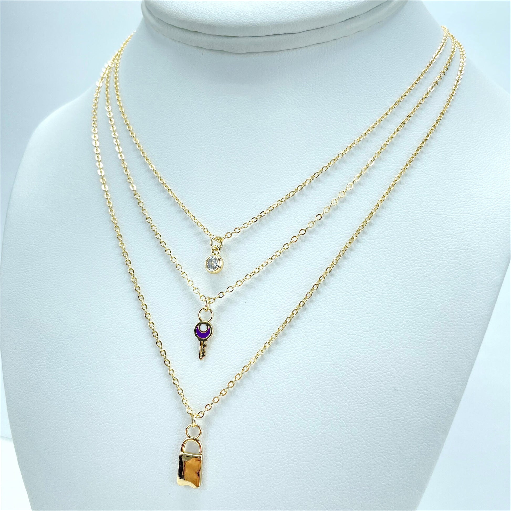 18k Gold Filled 2mm Rolo Chain Layered with 03 Necklaces, Gold Lock, Purple Enamel Key and Solitaire CZ, Wholesale Jewelry Making Supplies