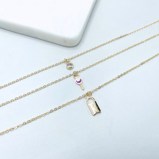 18k Gold Filled 2mm Rolo Chain Layered with 03 Necklaces, Gold Lock, Purple Enamel Key and Solitaire CZ, Wholesale Jewelry Making Supplies