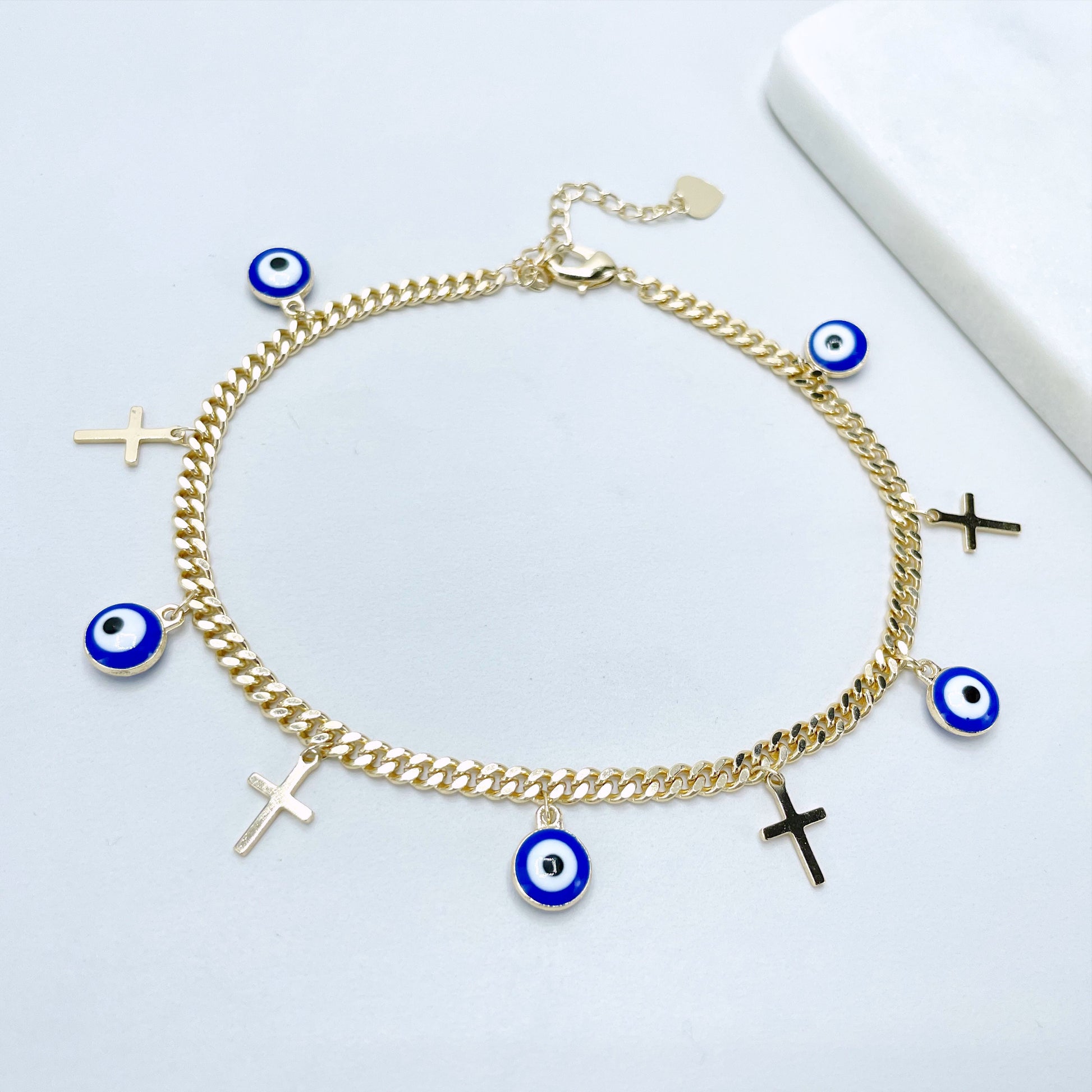 18k Gold Filled 4mm Curb Link Chain with Blue Evil Eyes & Cross Charms Necklace or Anklet Set, Wholesale Jewelry Making Supplies