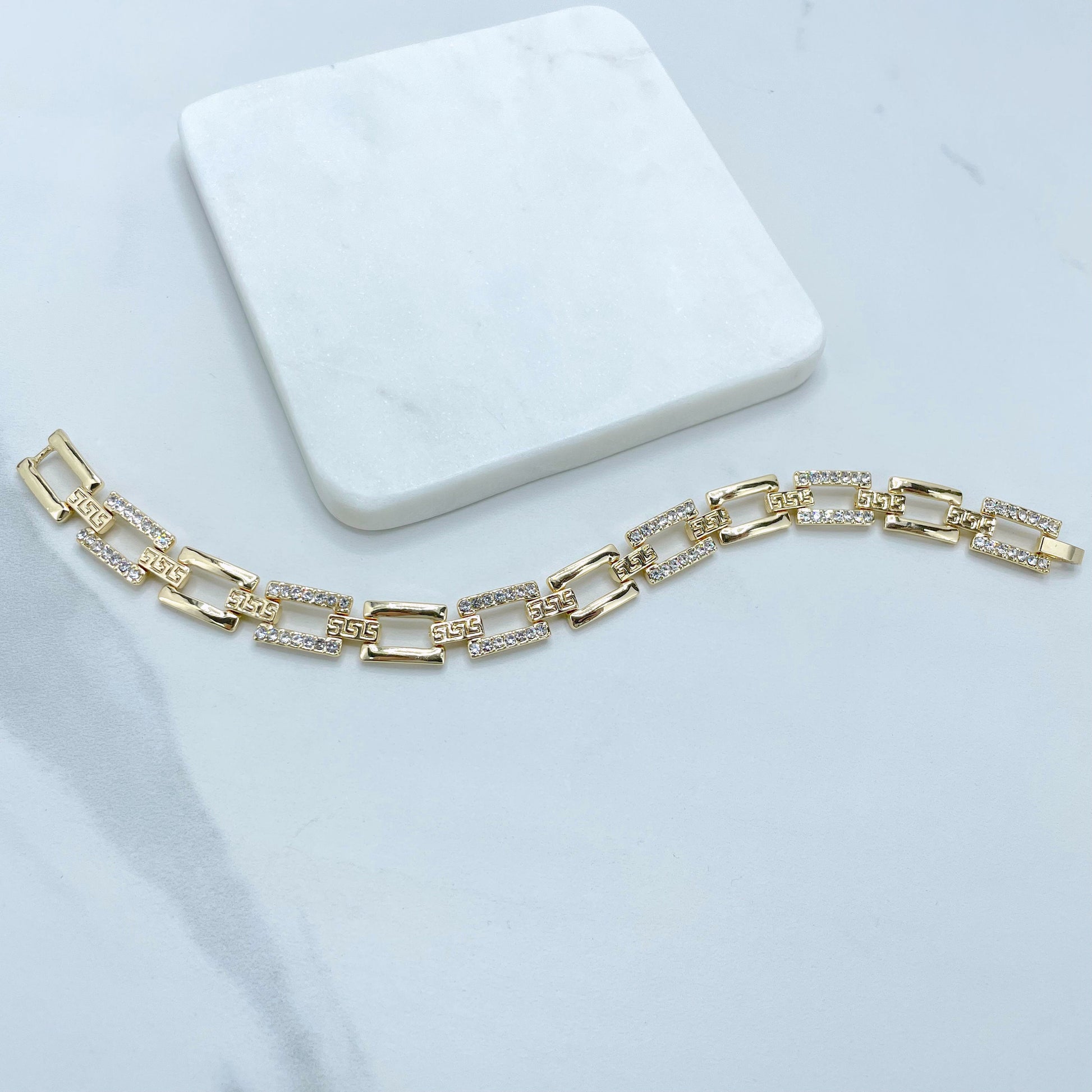 18k Gold Filled with Cubic Zirconia, Rectangular Linked Bracelet with Patterned Details, Wholesale Jewelry Making Supplies