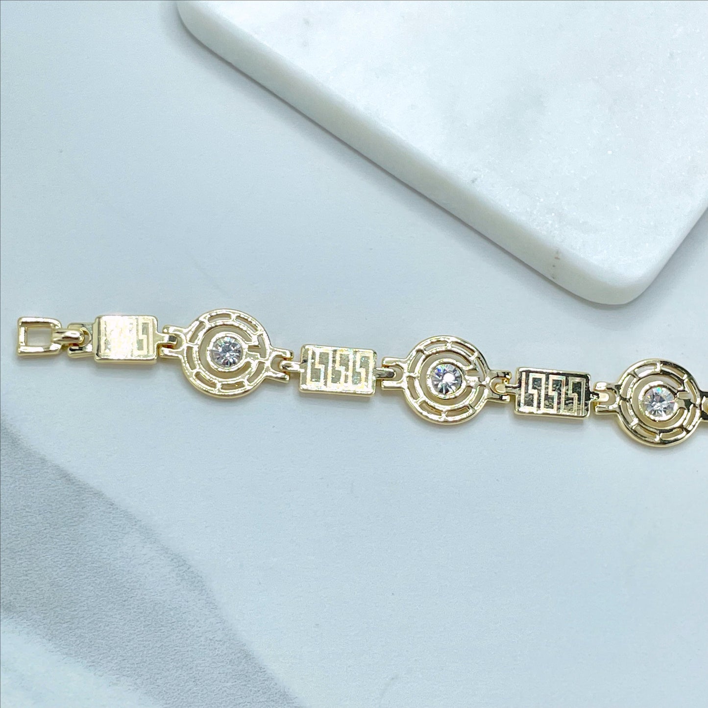 18k Gold Filled Rectangular Patterned Details and Gold Round with Cubic Zirconia, Linked Bracelet, Wholesale Jewelry Making Supplies